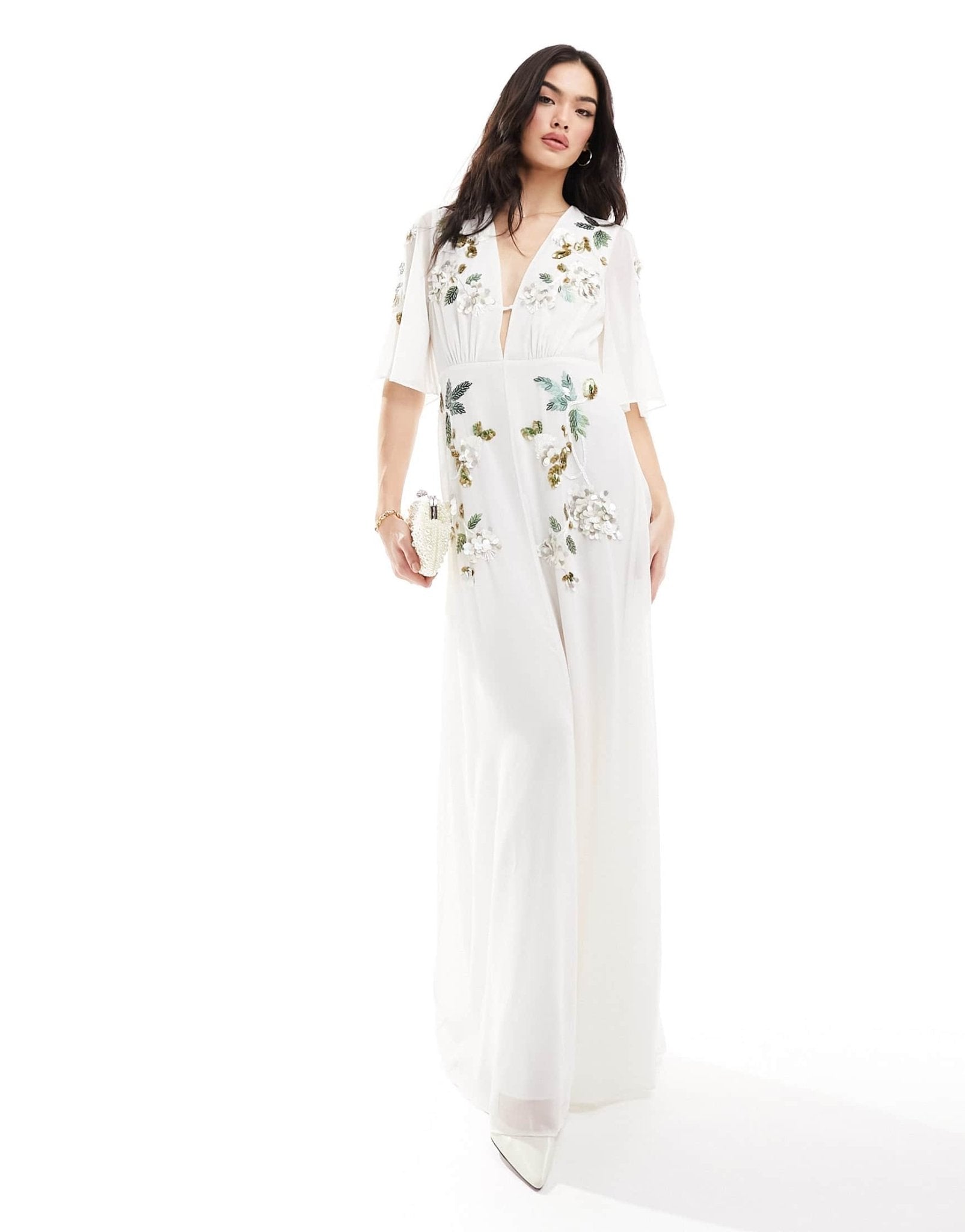 Hope & Ivy Bridal flutter sleeve embroidered floral maxi dress in ivory - ASOS Sample Sale EU Store