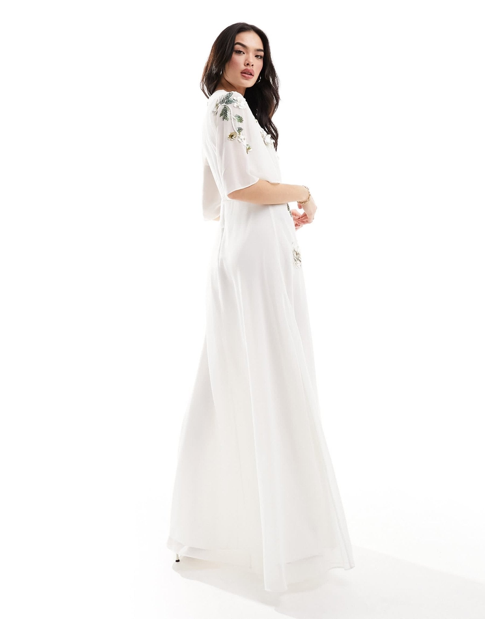 Hope & Ivy Bridal flutter sleeve embroidered floral maxi dress in ivory - ASOS Sample Sale EU Store