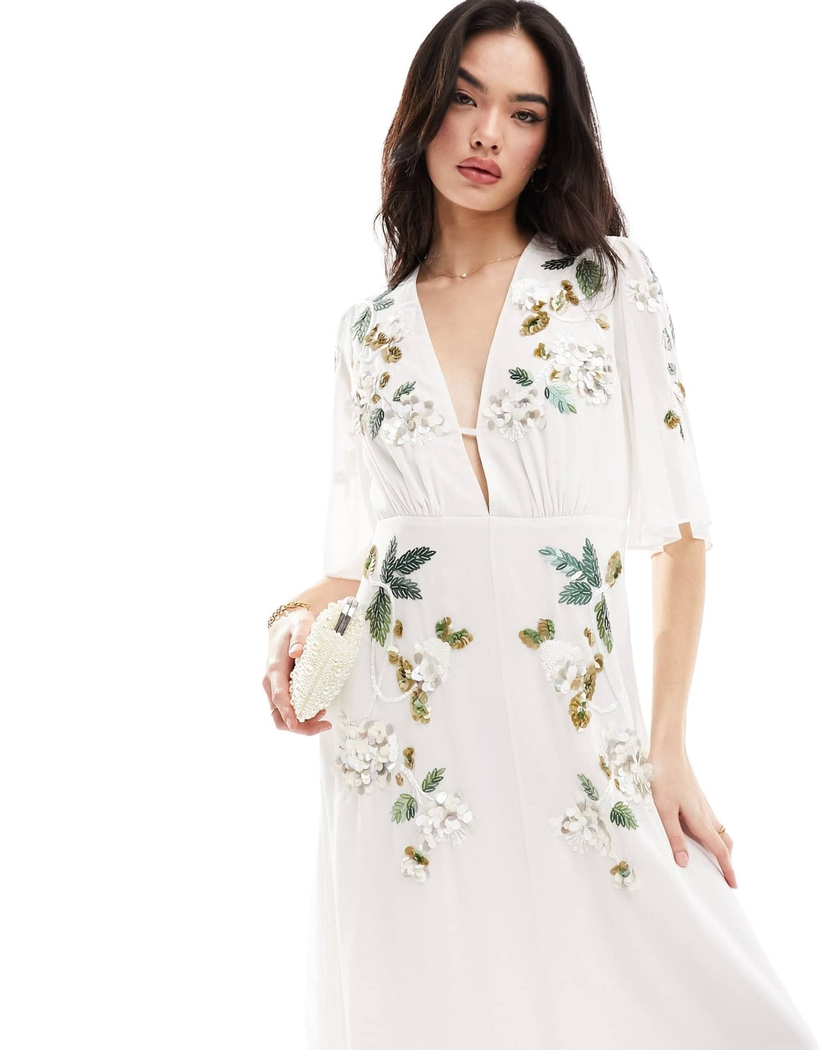 Hope & Ivy Bridal flutter sleeve embroidered floral maxi dress in ivory - ASOS Sample Sale EU Store