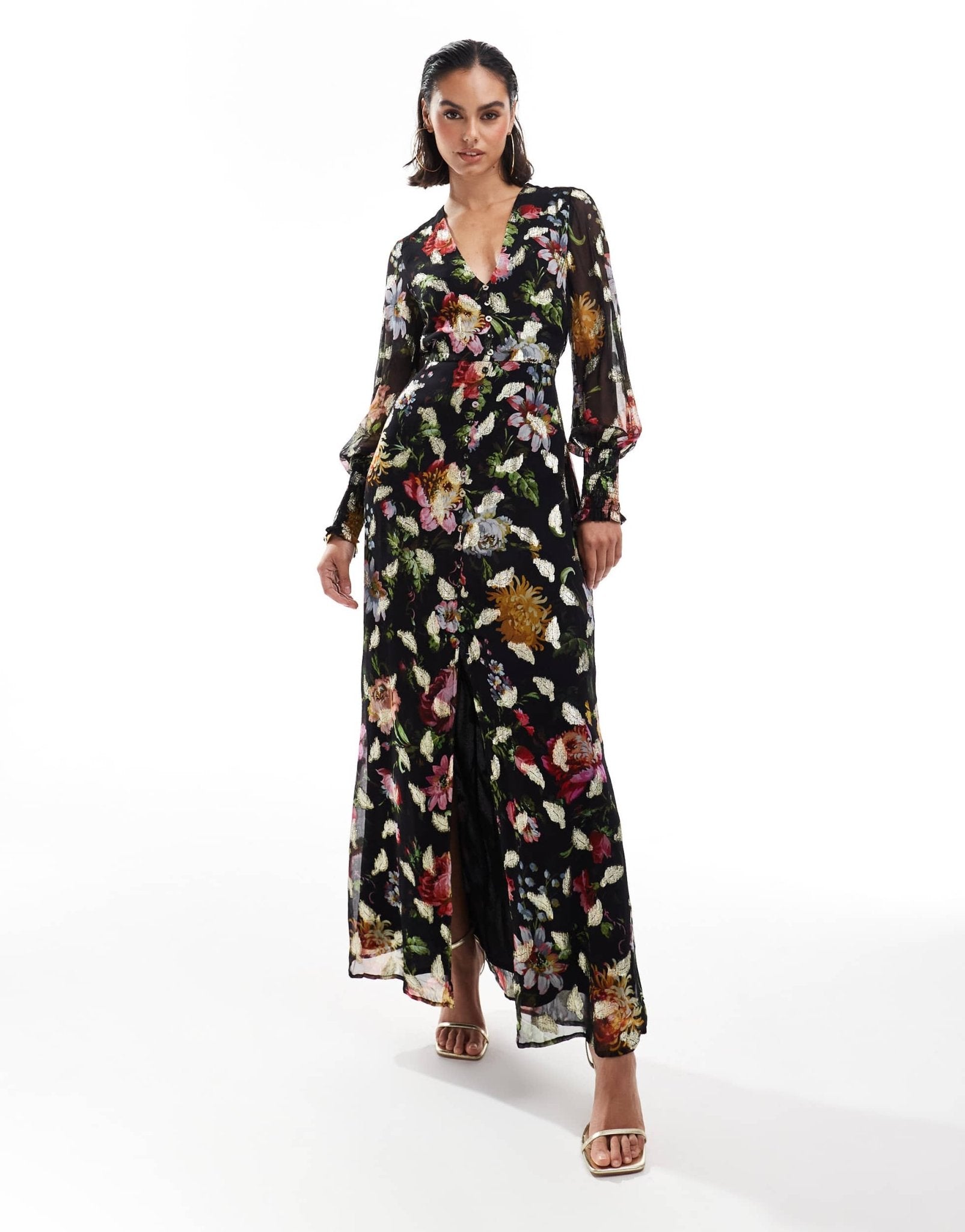 Hope & Ivy button front midaxi dress with tie back in black based floral with gold fleck - ASOS Sample Sale EU Store