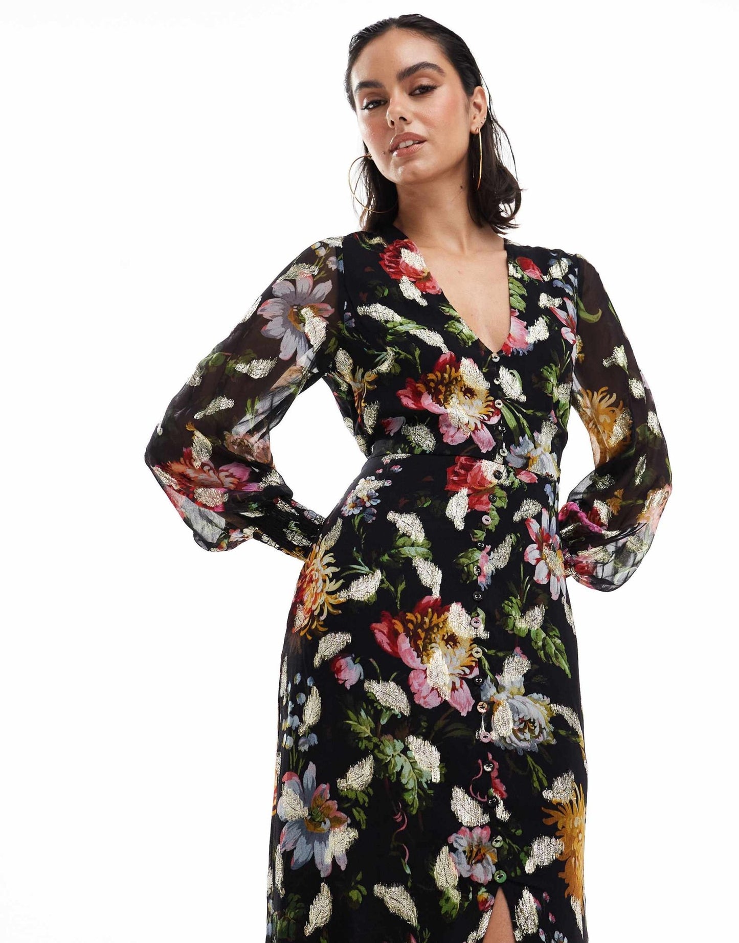 Hope & Ivy button front midaxi dress with tie back in black based floral with gold fleck - ASOS Sample Sale EU Store