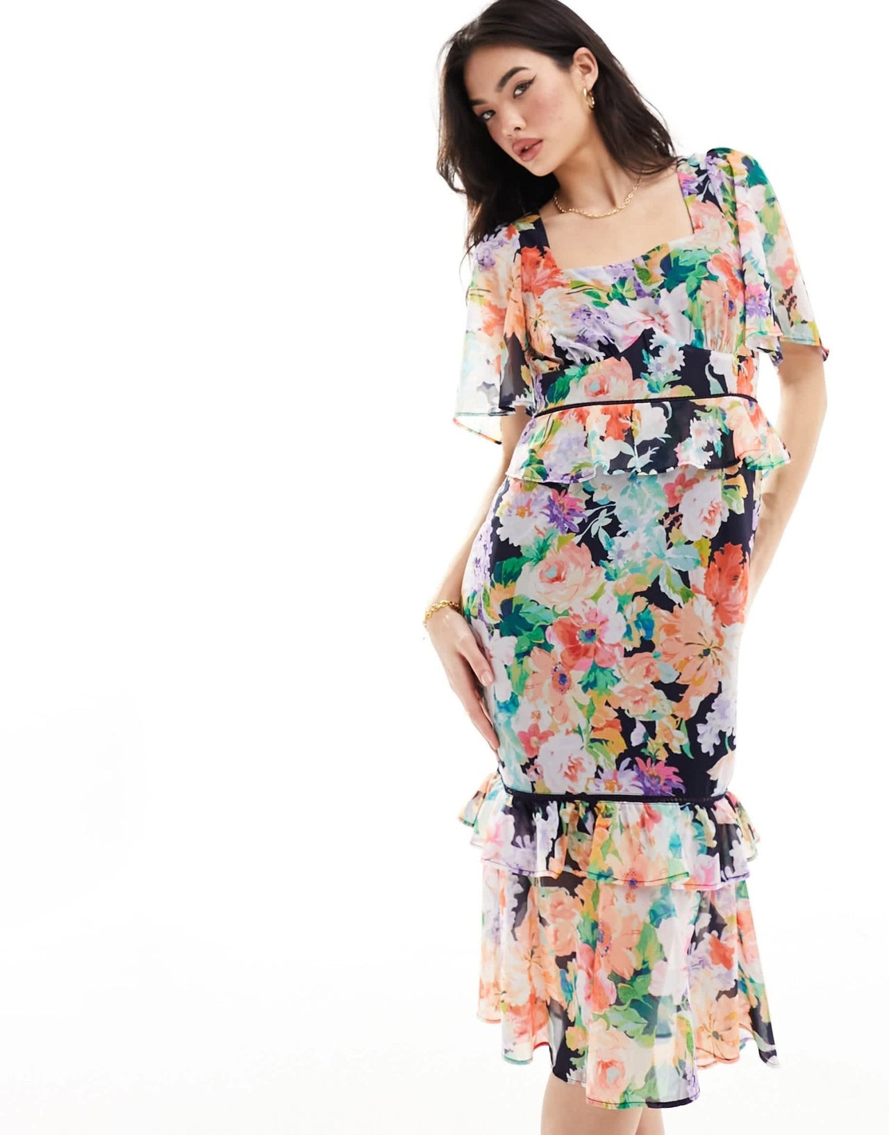 Hope & Ivy cape sleeve ruffle midi dress in multi floral - ASOS Sample Sale EU Store