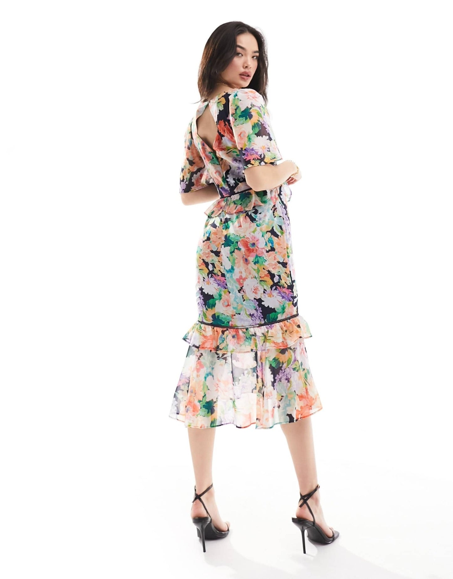 Hope & Ivy cape sleeve ruffle midi dress in multi floral - ASOS Sample Sale EU Store