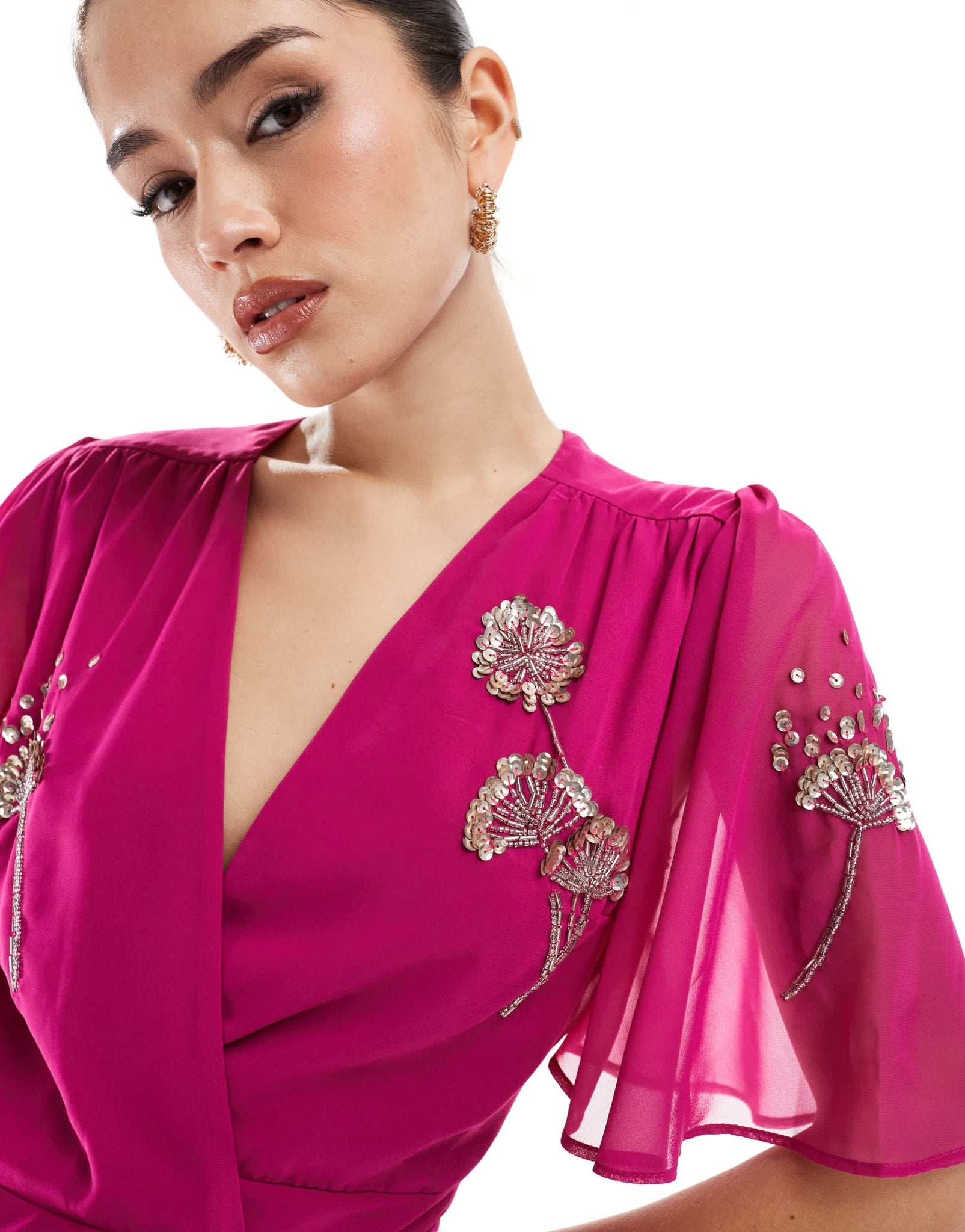 Hope & Ivy embellished flutter sleeve maxi wrap dress with tie waist in magenta - ASOS Sample Sale EU Store