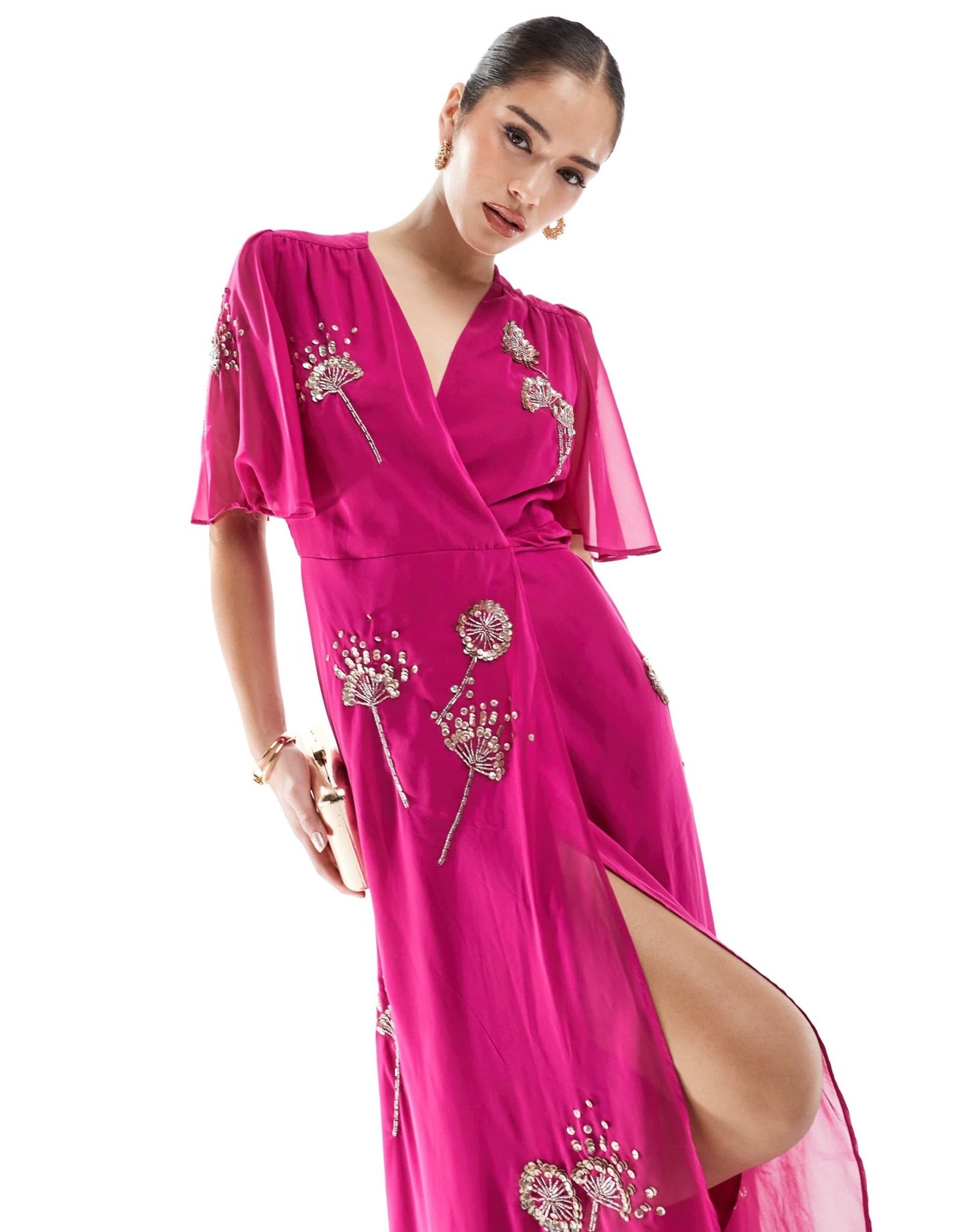 Hope & Ivy embellished flutter sleeve maxi wrap dress with tie waist in magenta - ASOS Sample Sale EU Store