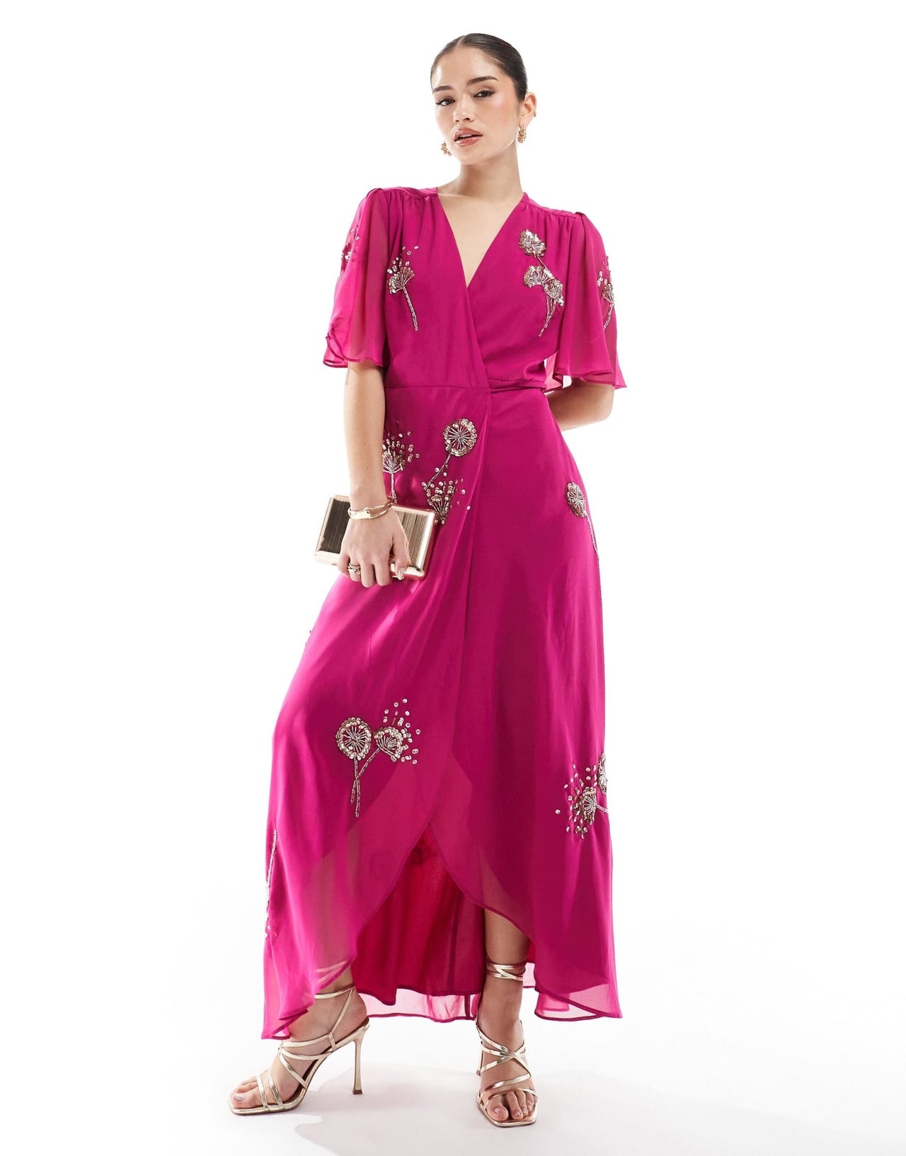 Hope & Ivy embellished flutter sleeve maxi wrap dress with tie waist in magenta - ASOS Sample Sale EU Store