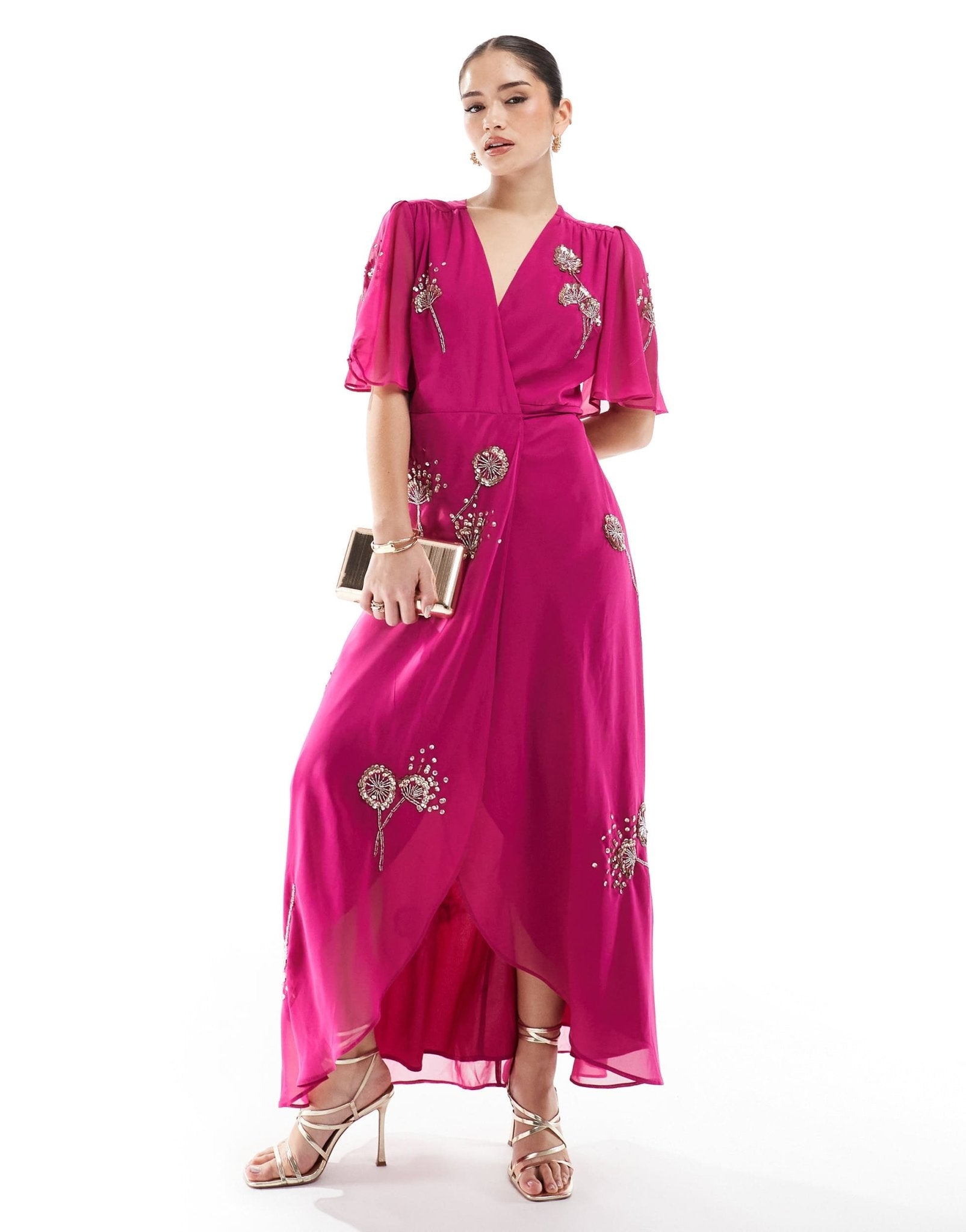 Hope & Ivy embellished flutter sleeve maxi wrap dress with tie waist in magenta - ASOS Sample Sale EU Store