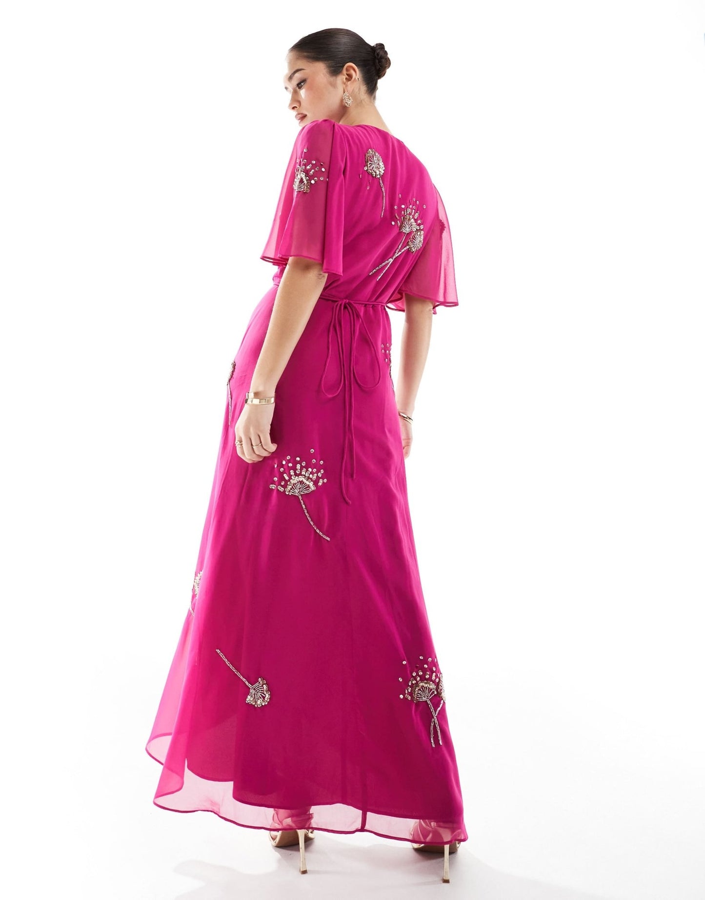 Hope & Ivy embellished flutter sleeve maxi wrap dress with tie waist in magenta - ASOS Sample Sale EU Store