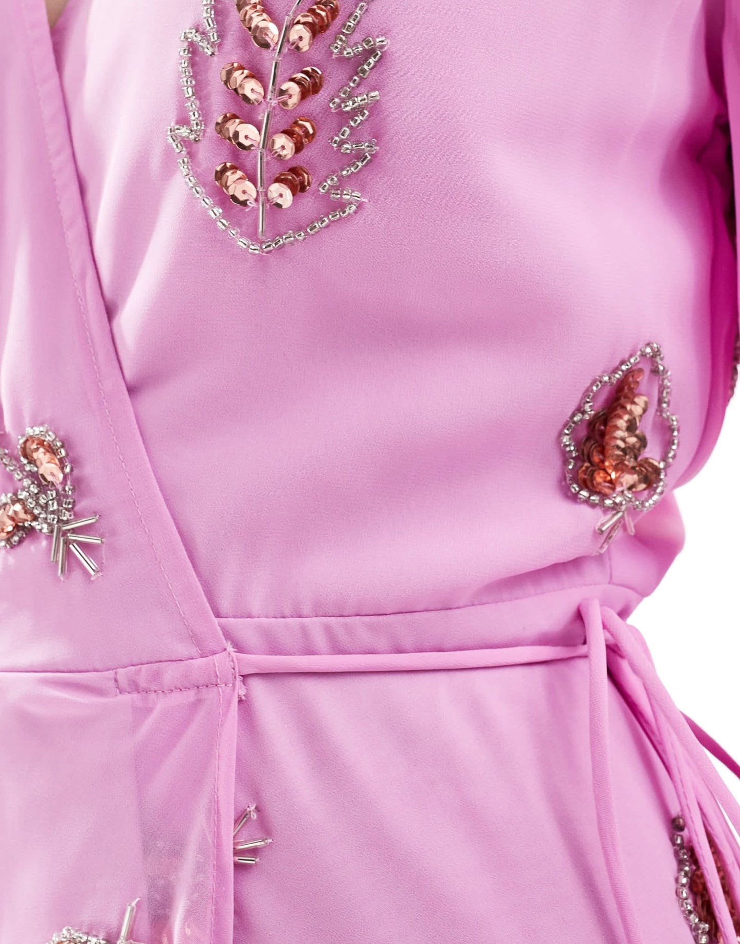 Hope & Ivy embellished wrap dress with tie waist and blouson sleeve in pink - ASOS Sample Sale EU Store