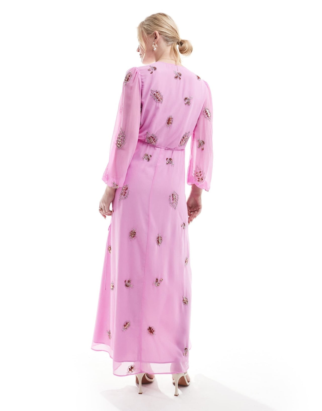 Hope & Ivy embellished wrap dress with tie waist and blouson sleeve in pink - ASOS Sample Sale EU Store