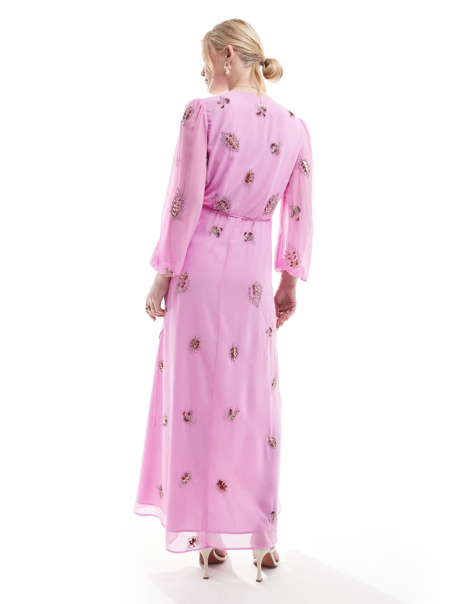 Hope & Ivy embellished wrap dress with tie waist and blouson sleeve in pink - ASOS Sample Sale EU Store