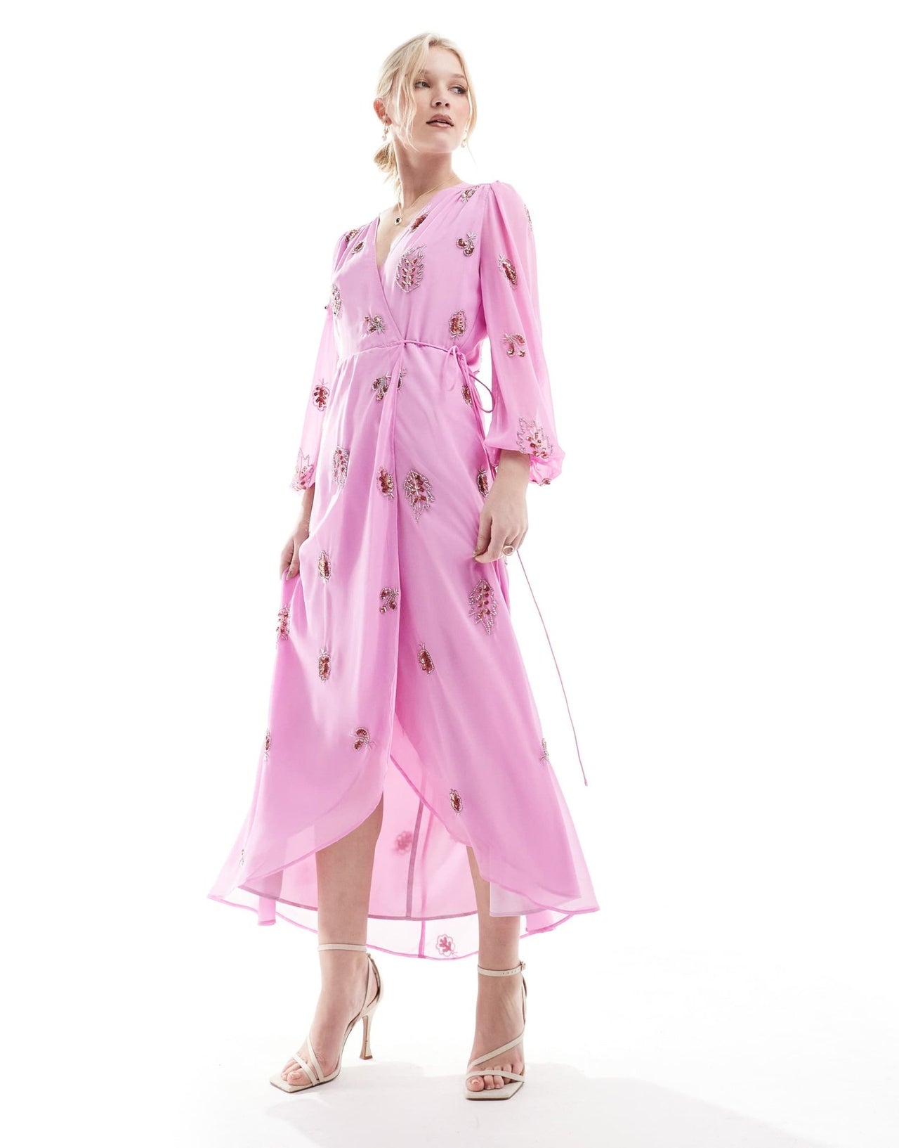 Hope & Ivy embellished wrap dress with tie waist and blouson sleeve in pink - ASOS Sample Sale EU Store