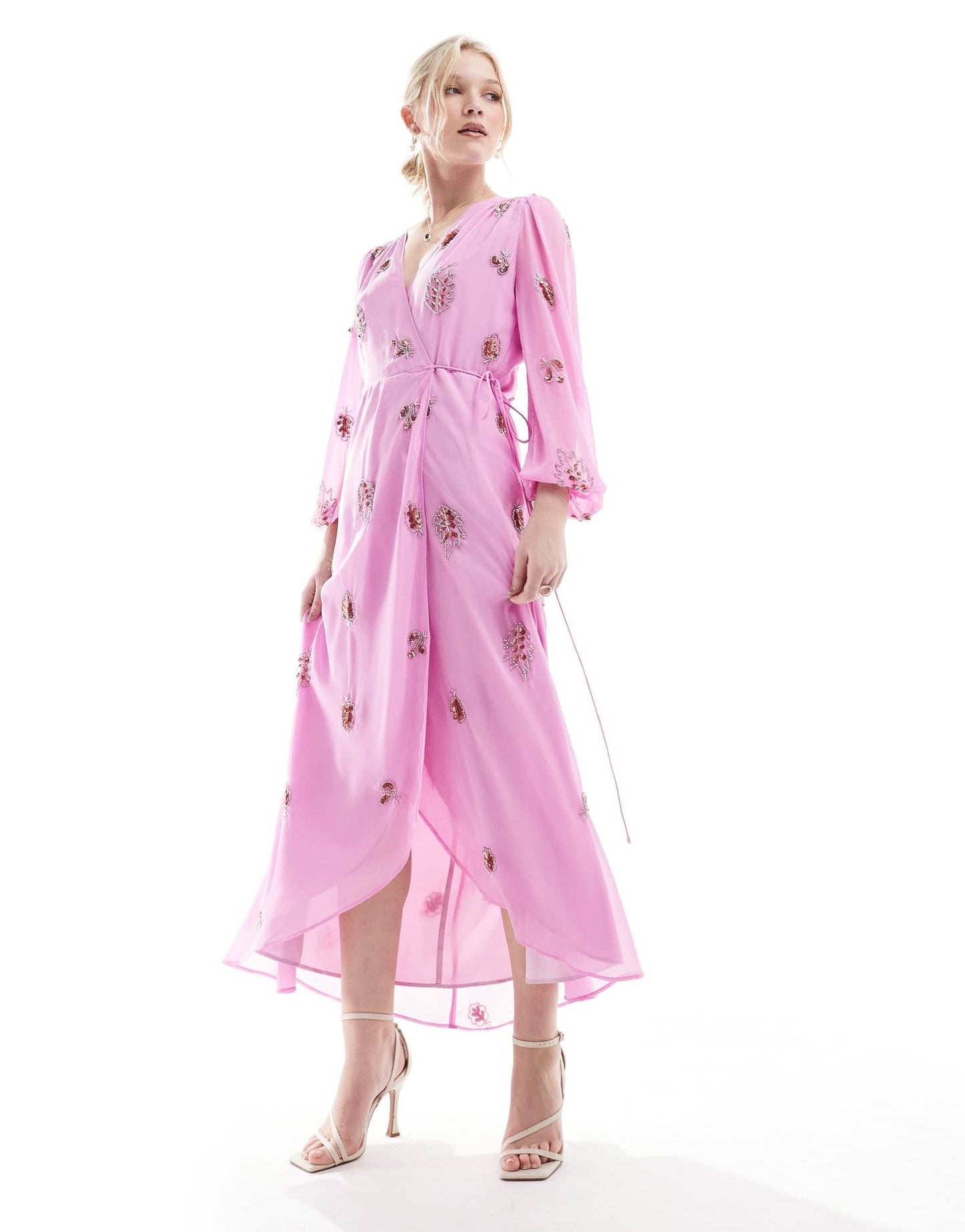 Hope & Ivy embellished wrap dress with tie waist and blouson sleeve in pink - ASOS Sample Sale EU Store
