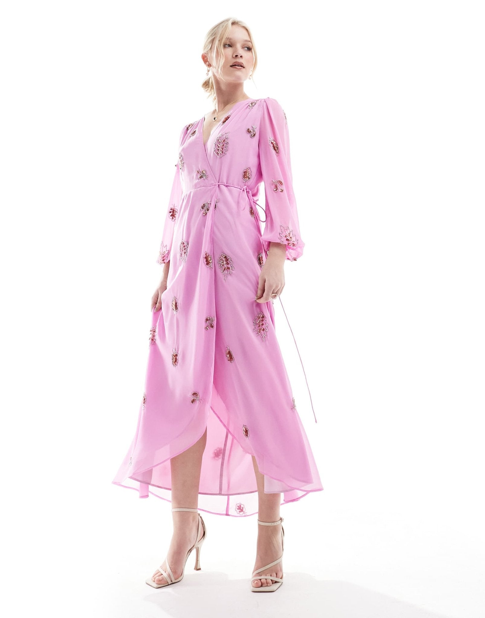 Hope & Ivy embellished wrap dress with tie waist and blouson sleeve in pink - ASOS Sample Sale EU Store