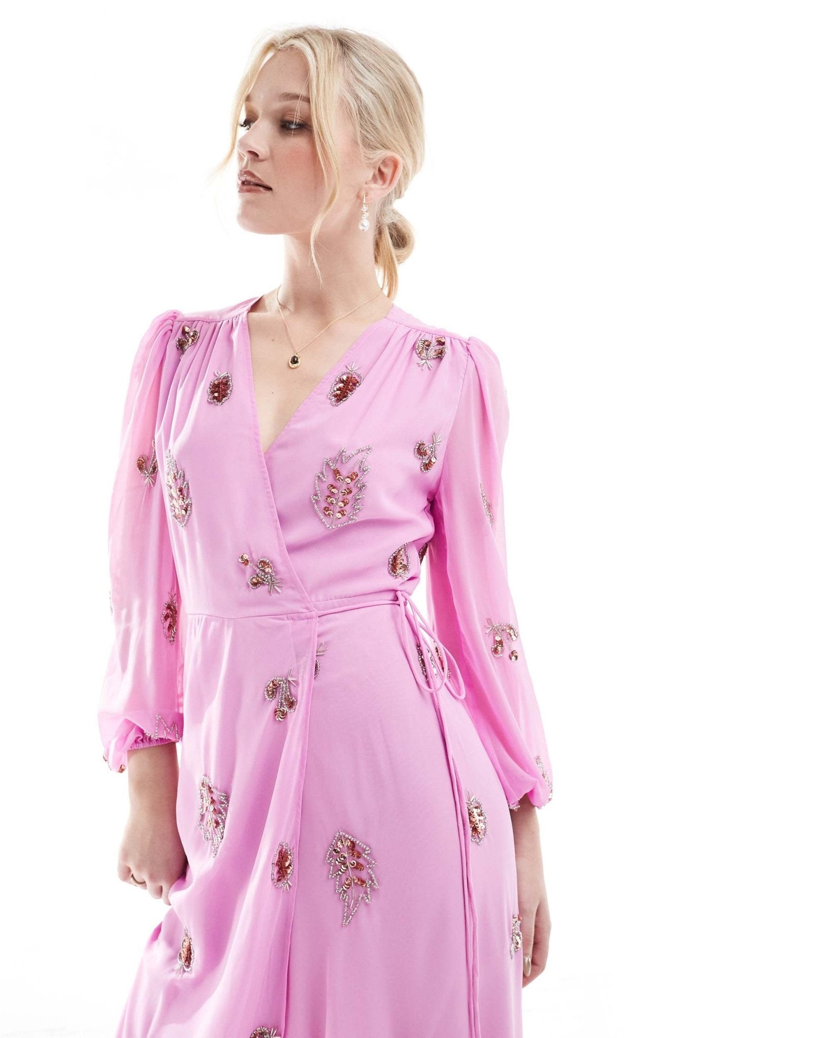 Hope & Ivy embellished wrap dress with tie waist and blouson sleeve in pink - ASOS Sample Sale EU Store