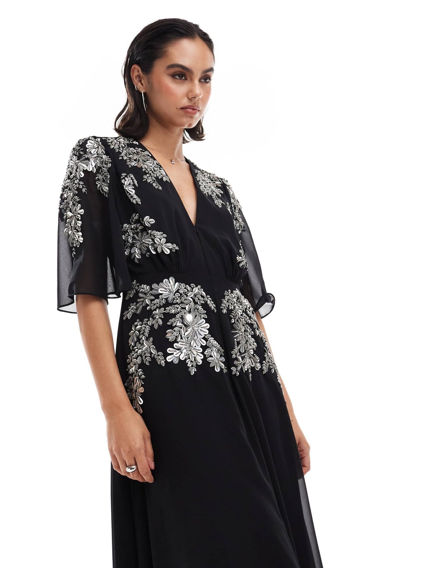 Hope & Ivy flutter sleeve embellished maxi dress in black - ASOS Sample Sale EU Store