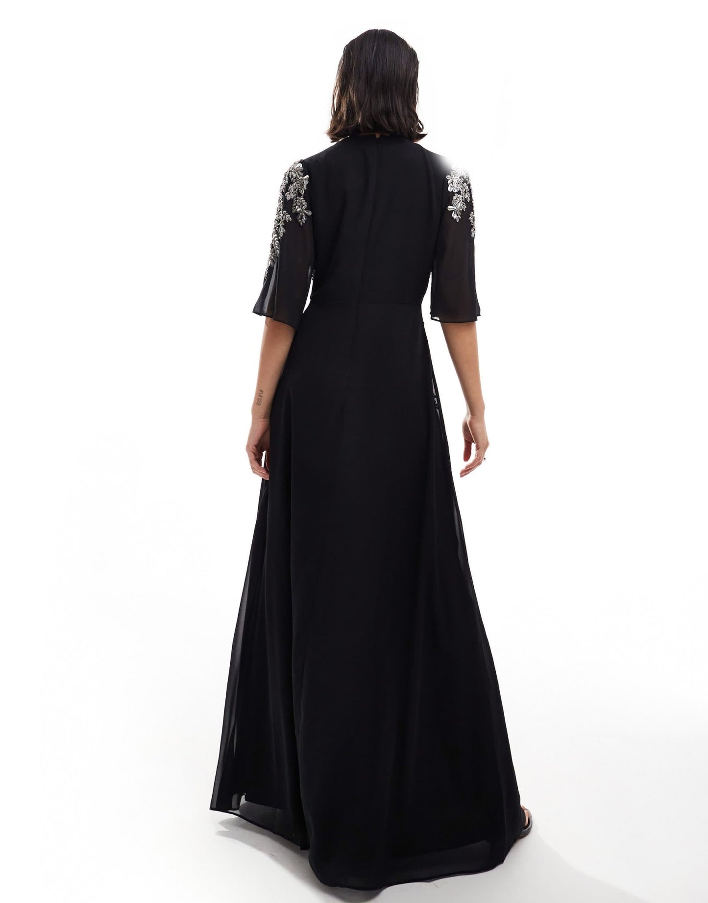 Hope & Ivy flutter sleeve embellished maxi dress in black - ASOS Sample Sale EU Store