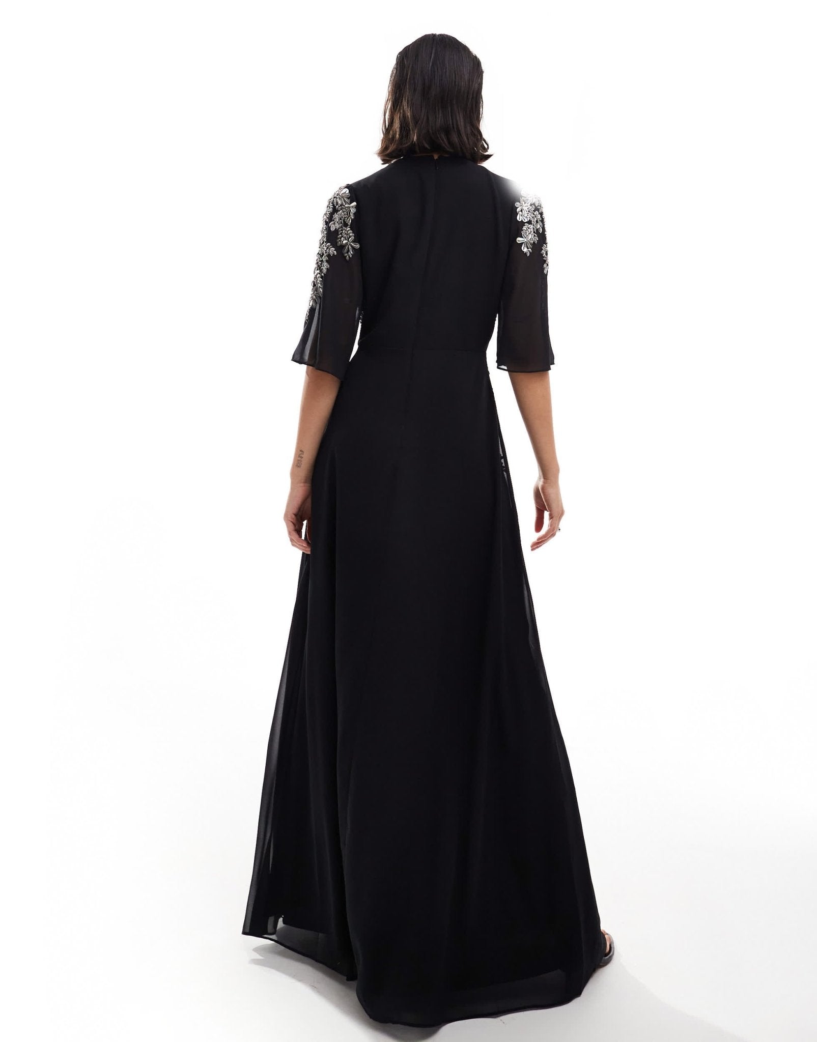 Hope & Ivy flutter sleeve embellished maxi dress in black - ASOS Sample Sale EU Store