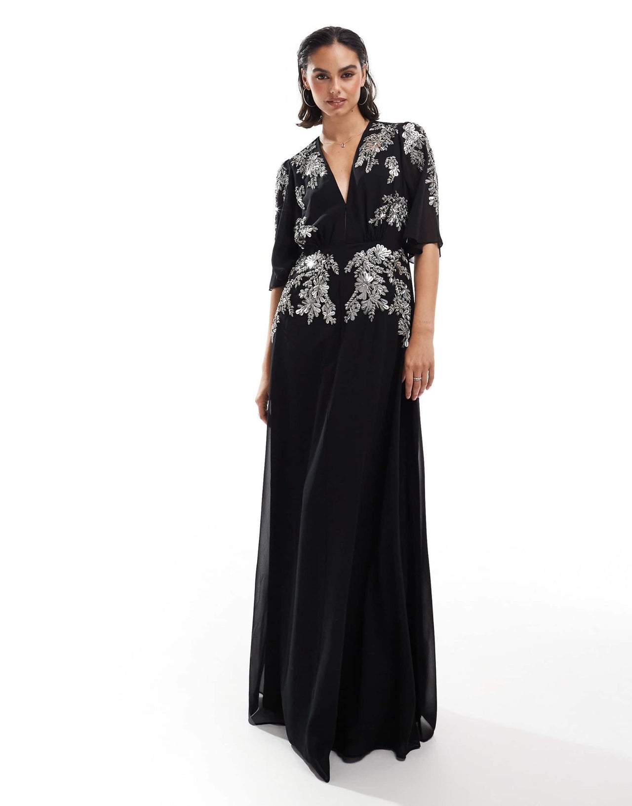 Hope & Ivy flutter sleeve embellished maxi dress in black - ASOS Sample Sale EU Store