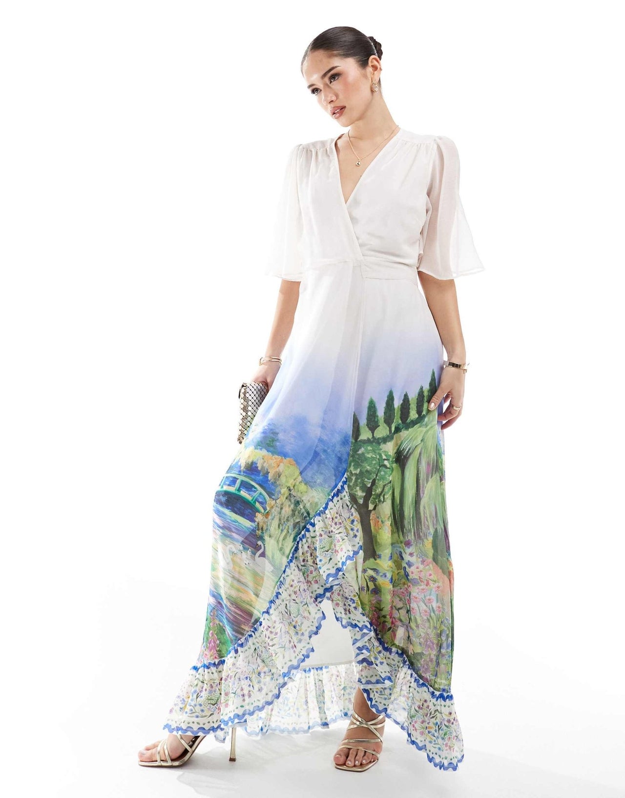 Hope & Ivy flutter sleeve maxi wrap dress with tie waist in white scenic print - ASOS Sample Sale EU Store