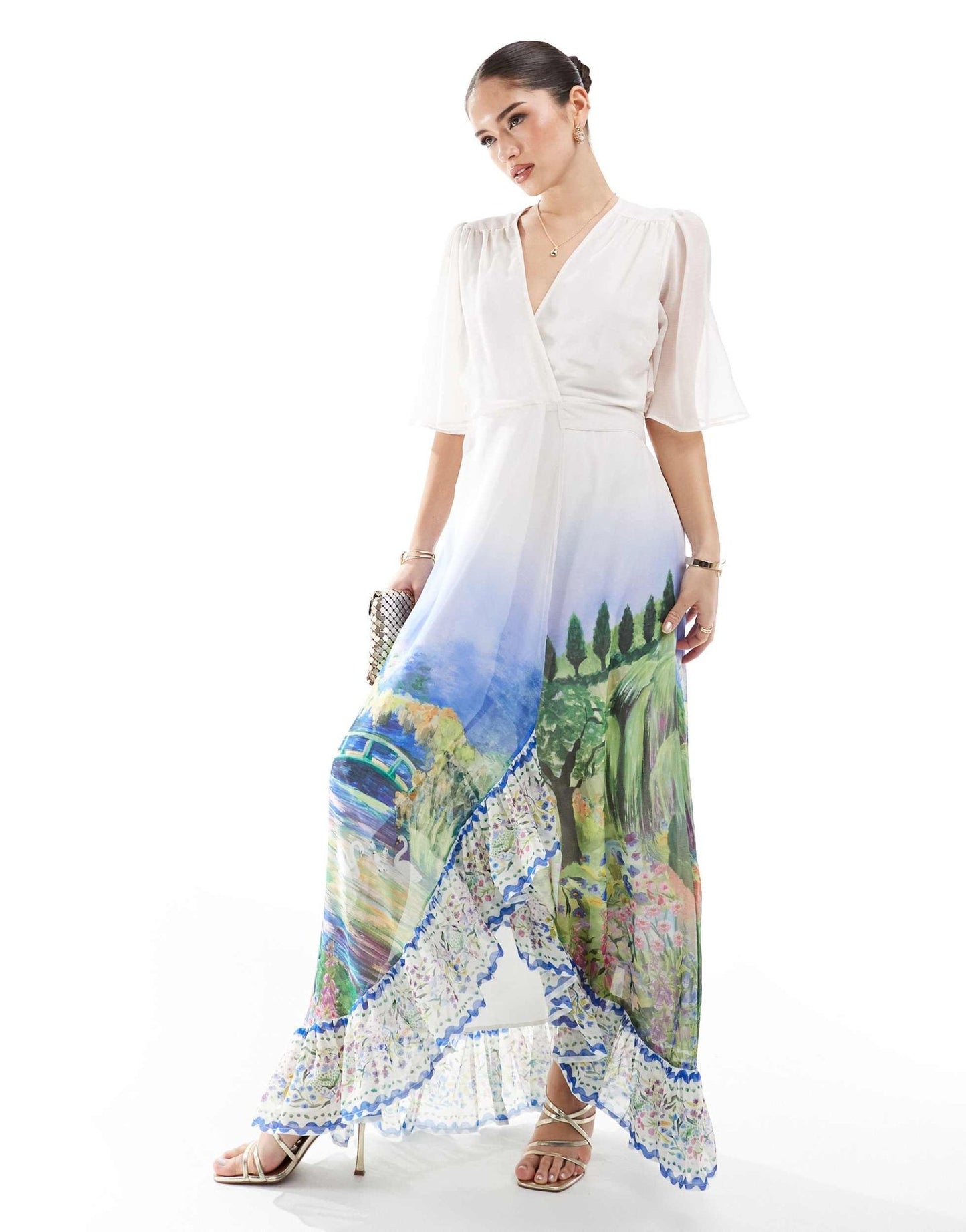 Hope & Ivy flutter sleeve maxi wrap dress with tie waist in white scenic print - ASOS Sample Sale EU Store