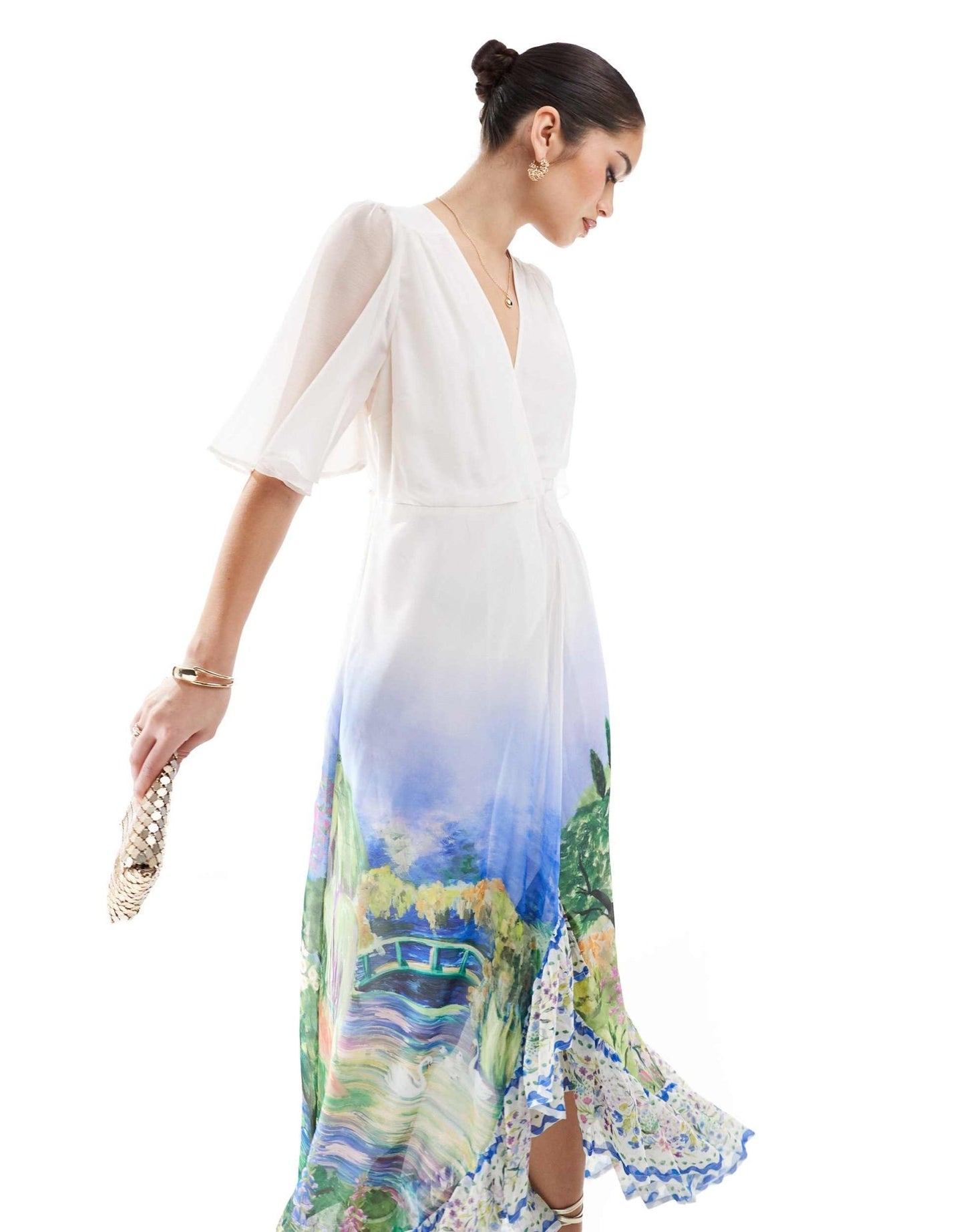 Hope & Ivy flutter sleeve maxi wrap dress with tie waist in white scenic print - ASOS Sample Sale EU Store