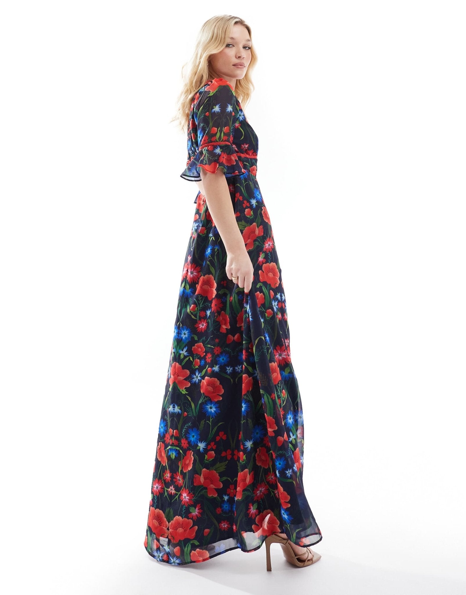 Hope & Ivy frill sleeve thigh split open back maxi dress in red navy print - ASOS Sample Sale EU Store