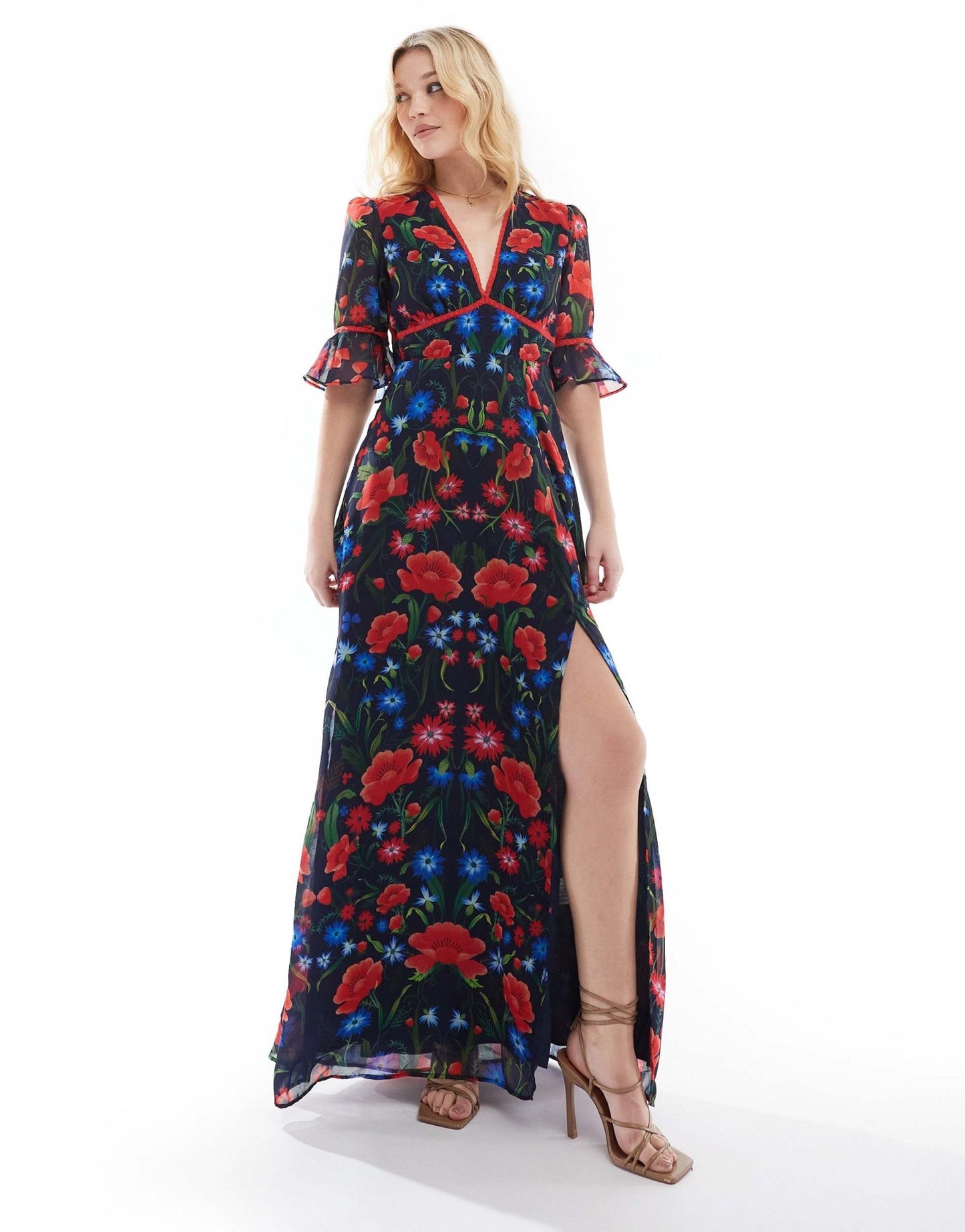 Hope & Ivy frill sleeve thigh split open back maxi dress in red navy print - ASOS Sample Sale EU Store