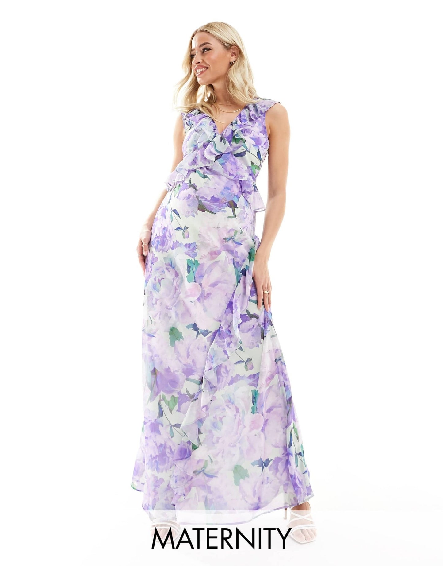 Hope & Ivy Maternity ruffle front maxi dress in lilac floral - ASOS Sample Sale EU Store