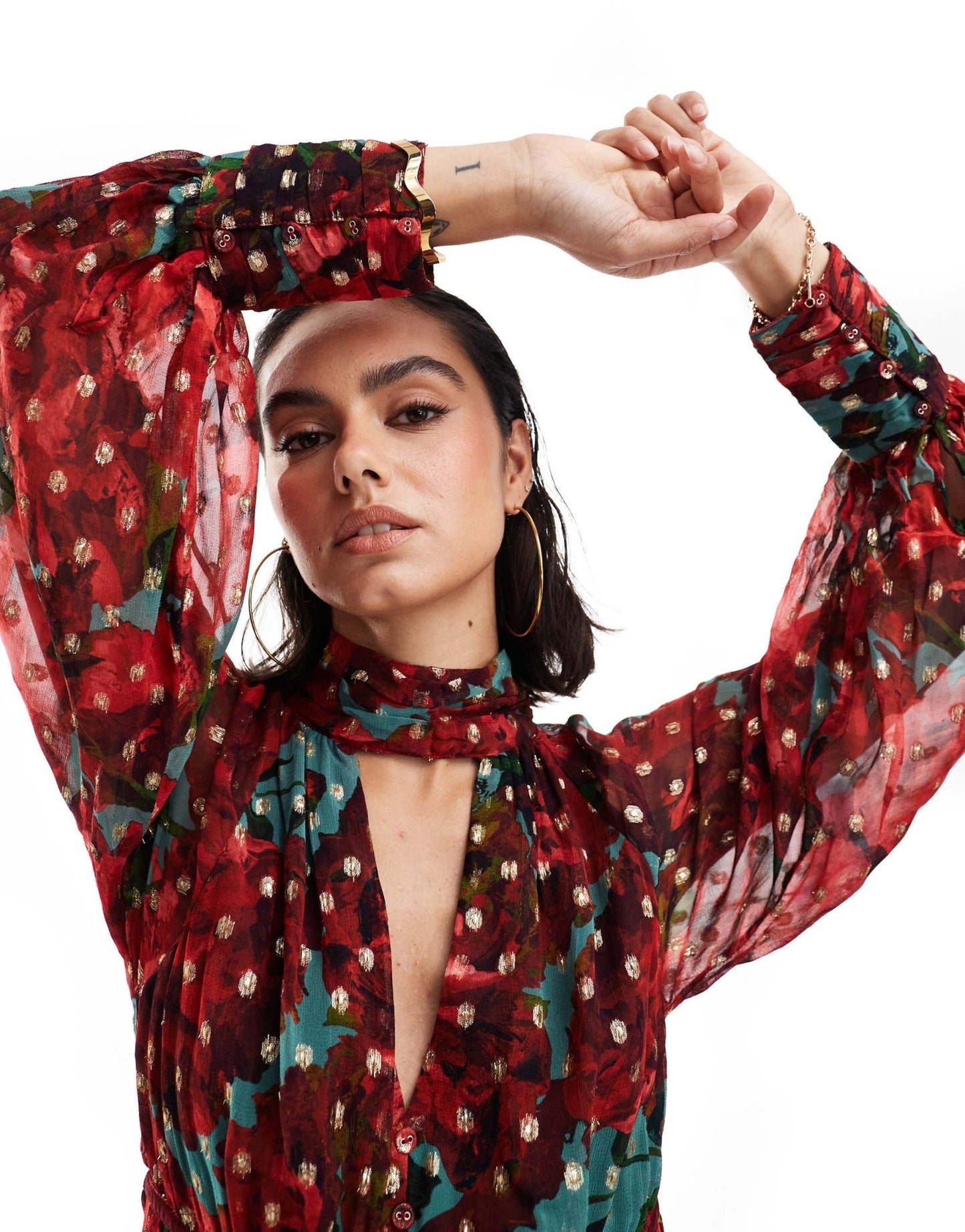 Hope & Ivy midaxi dress in metallic dobby mesh in red floral - ASOS Sample Sale EU Store