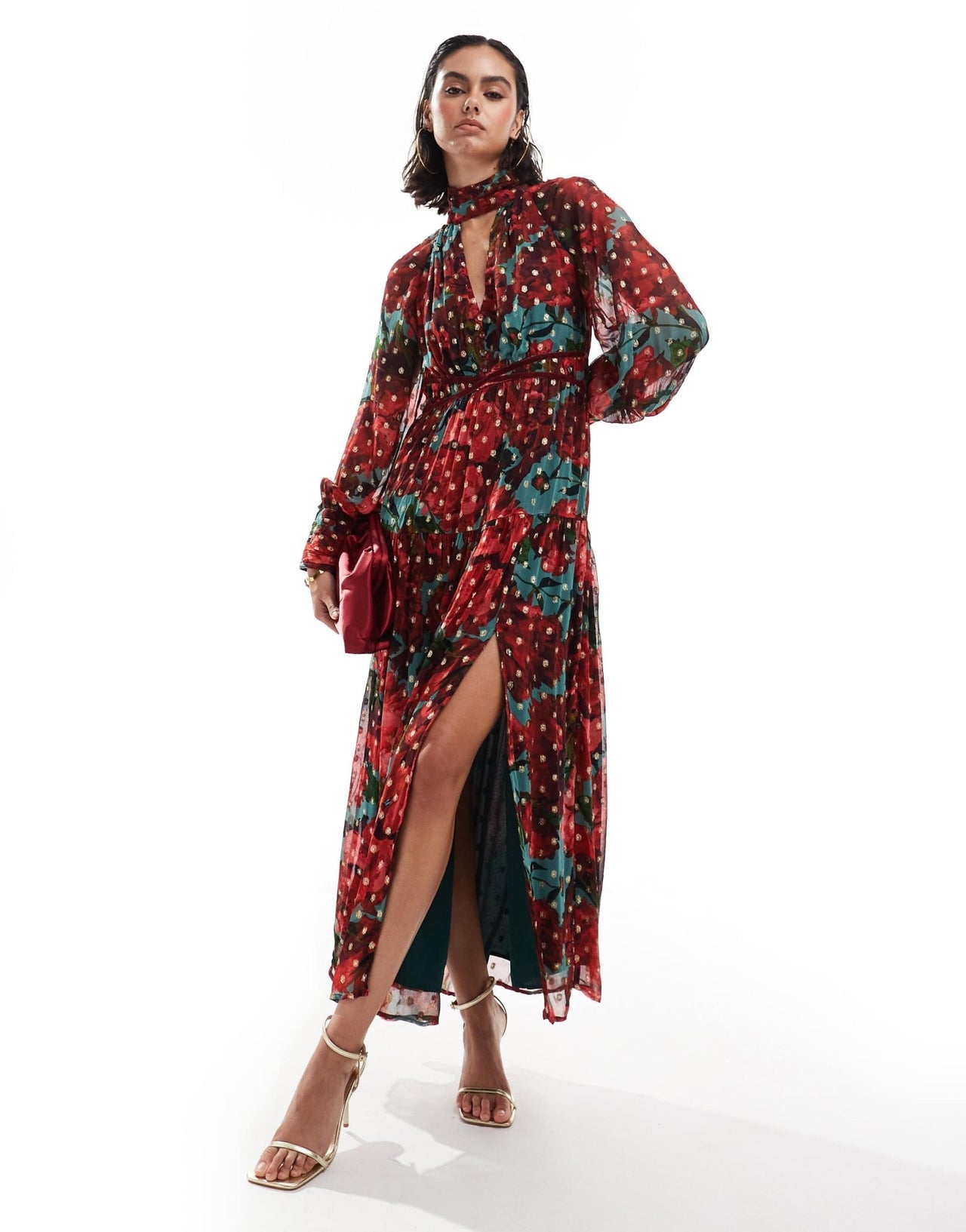 Hope & Ivy midaxi dress in metallic dobby mesh in red floral - ASOS Sample Sale EU Store