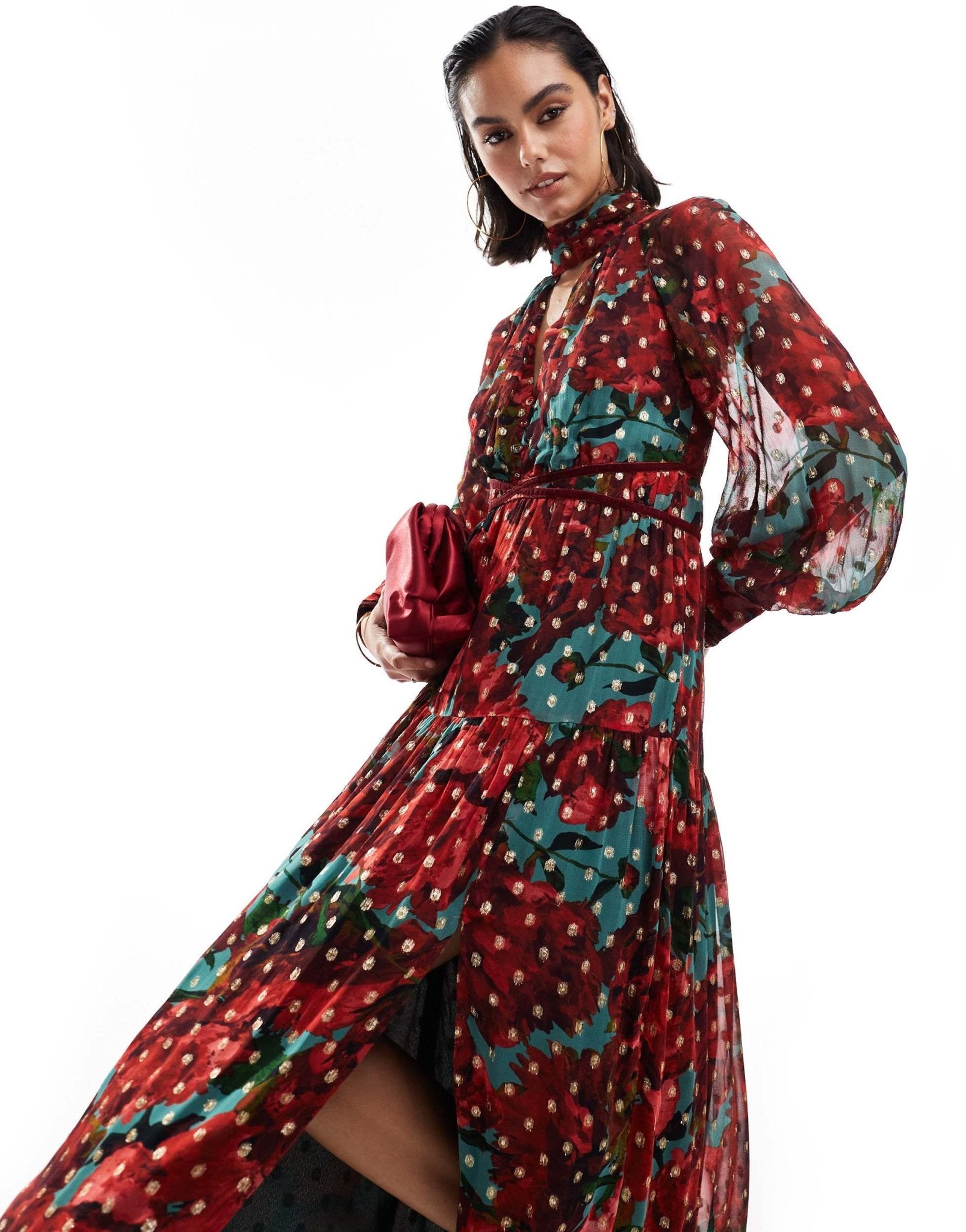 Hope & Ivy midaxi dress in metallic dobby mesh in red floral - ASOS Sample Sale EU Store