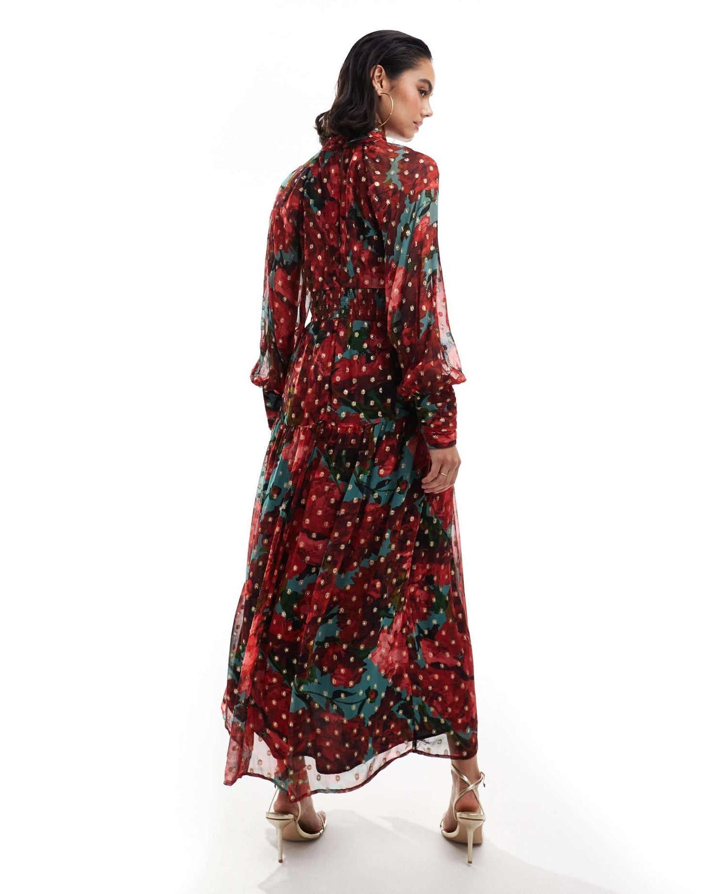 Hope & Ivy midaxi dress in metallic dobby mesh in red floral - ASOS Sample Sale EU Store