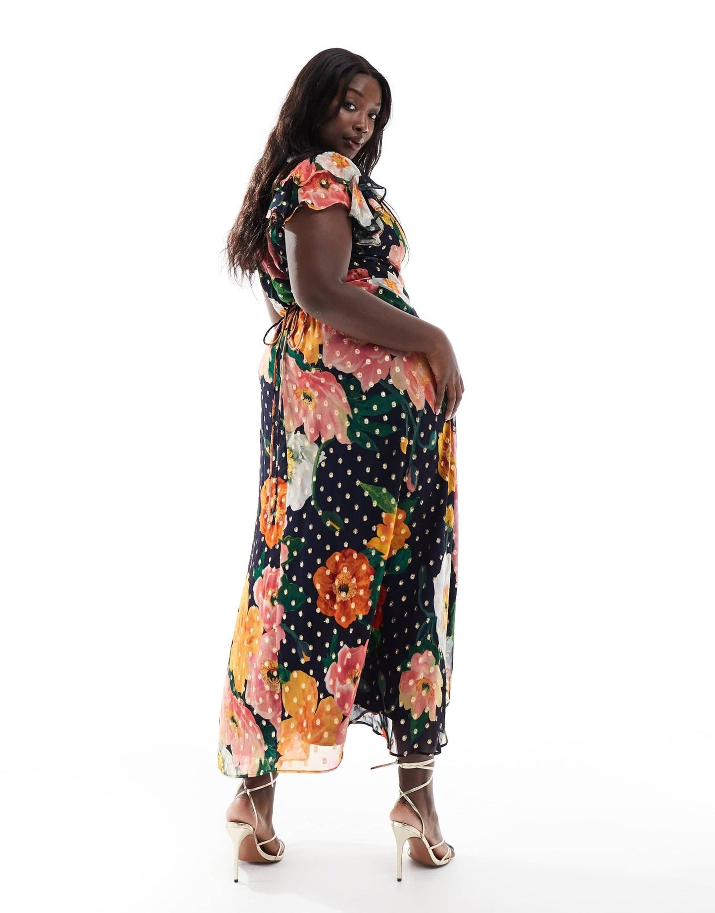 Hope & Ivy Plus frill sleeve midaxi wrap dress with tie waist in navy floral - ASOS Sample Sale EU Store