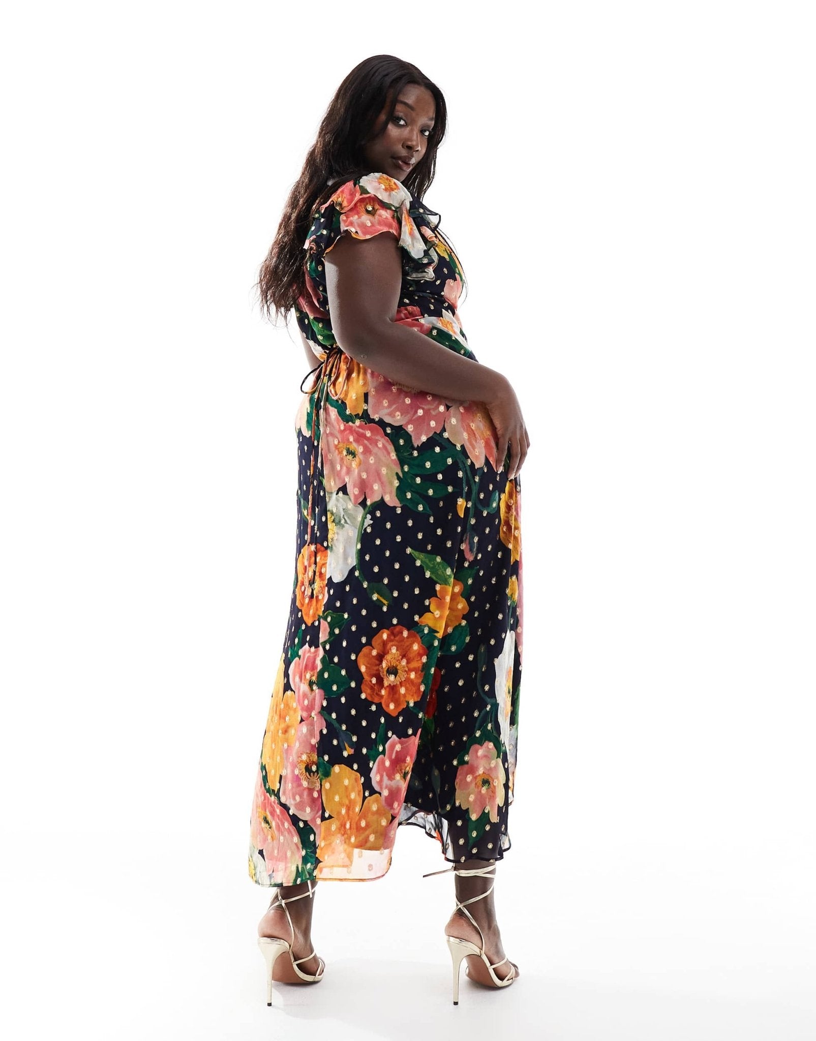 Hope & Ivy Plus frill sleeve midaxi wrap dress with tie waist in navy floral - ASOS Sample Sale EU Store