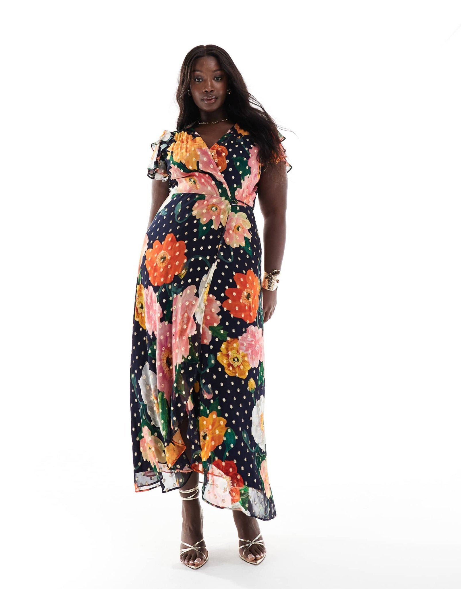 Hope & Ivy Plus frill sleeve midaxi wrap dress with tie waist in navy floral - ASOS Sample Sale EU Store