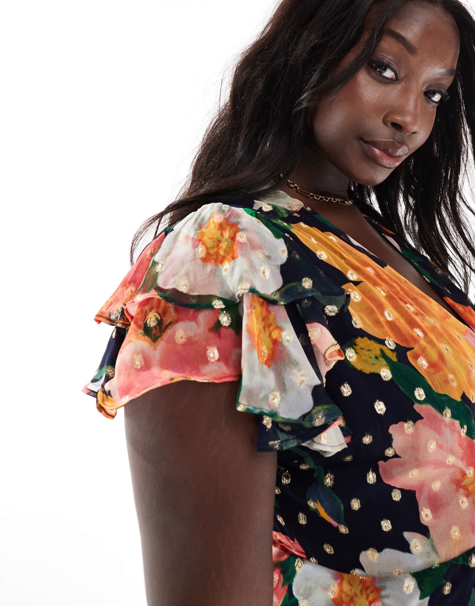 Hope & Ivy Plus frill sleeve midaxi wrap dress with tie waist in navy floral - ASOS Sample Sale EU Store