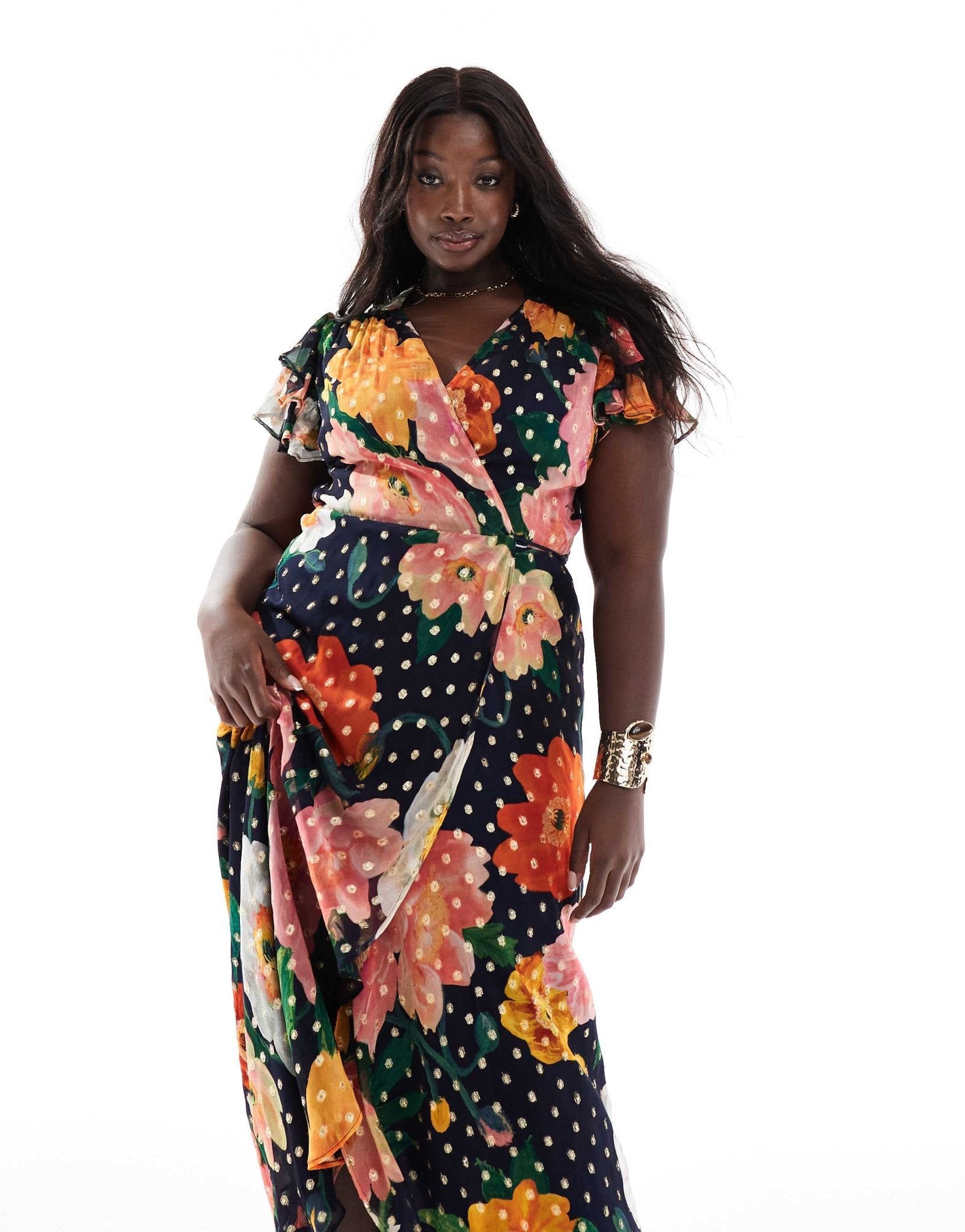 Hope & Ivy Plus frill sleeve midaxi wrap dress with tie waist in navy floral - ASOS Sample Sale EU Store