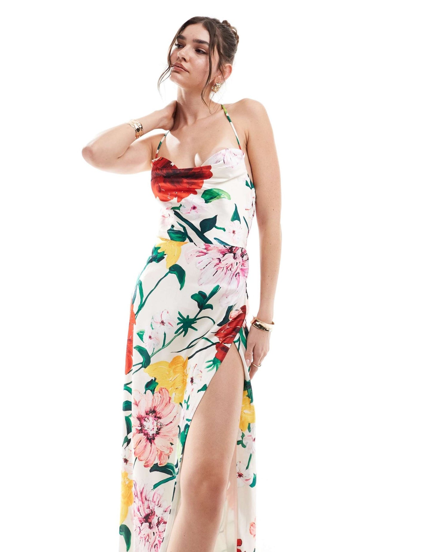 Hope & Ivy satin cami maxi dress with thigh spit in light base floral - ASOS Sample Sale EU Store