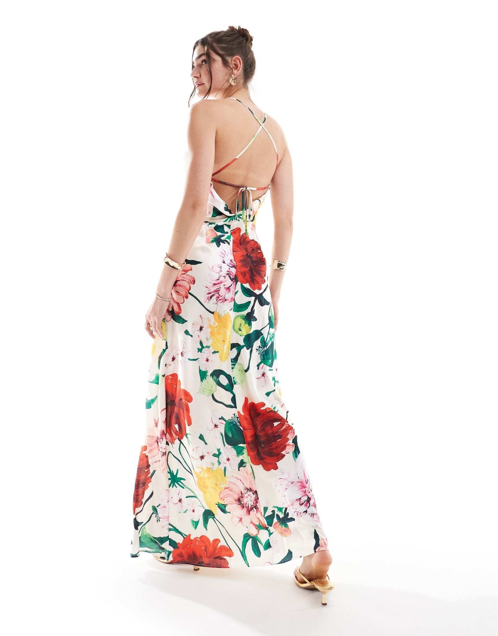 Hope & Ivy satin cami maxi dress with thigh spit in light base floral - ASOS Sample Sale EU Store