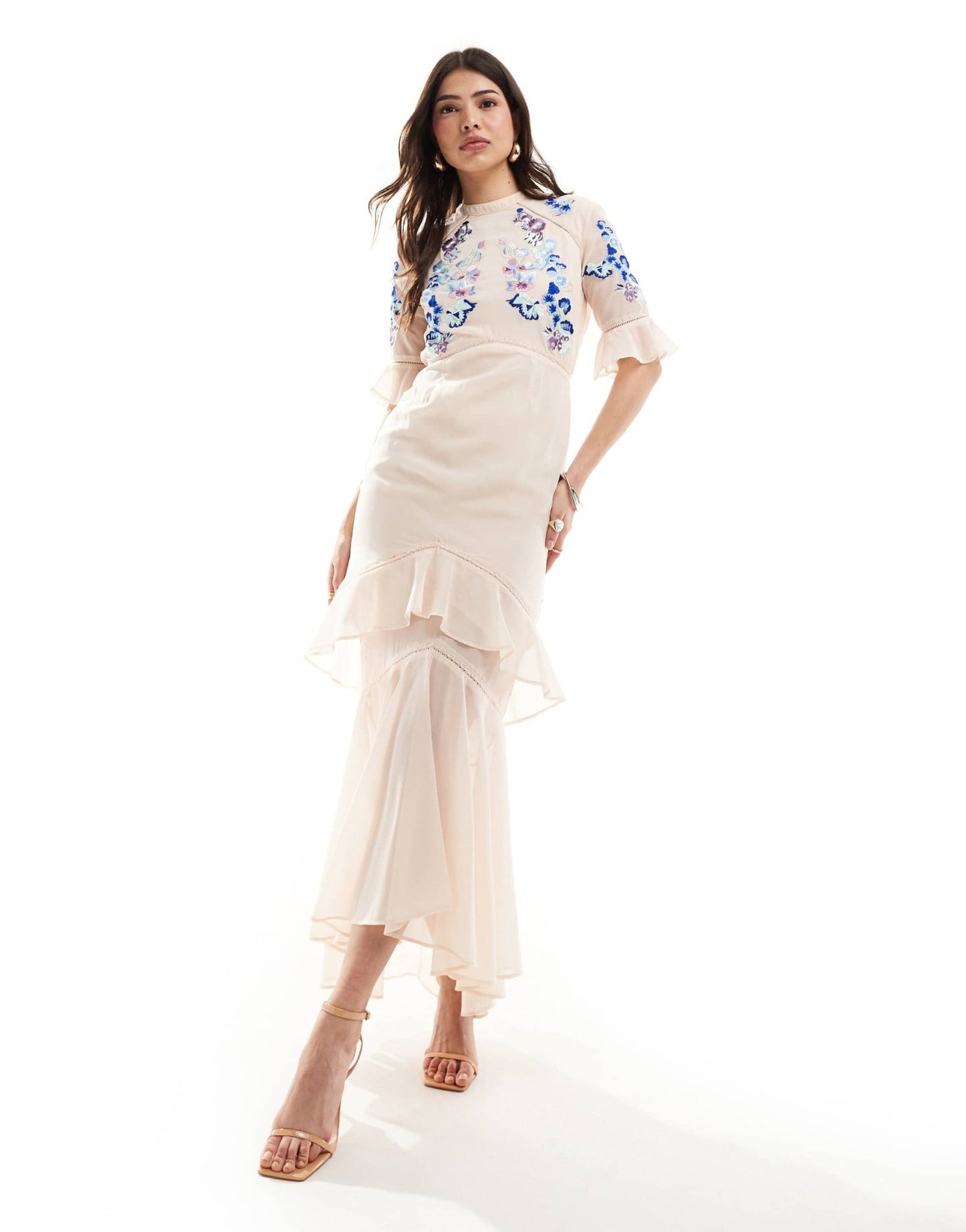 Hope & Ivy tiered maxi dress with lace trim in blush pink with blue contrast embroidery - ASOS Sample Sale EU Store