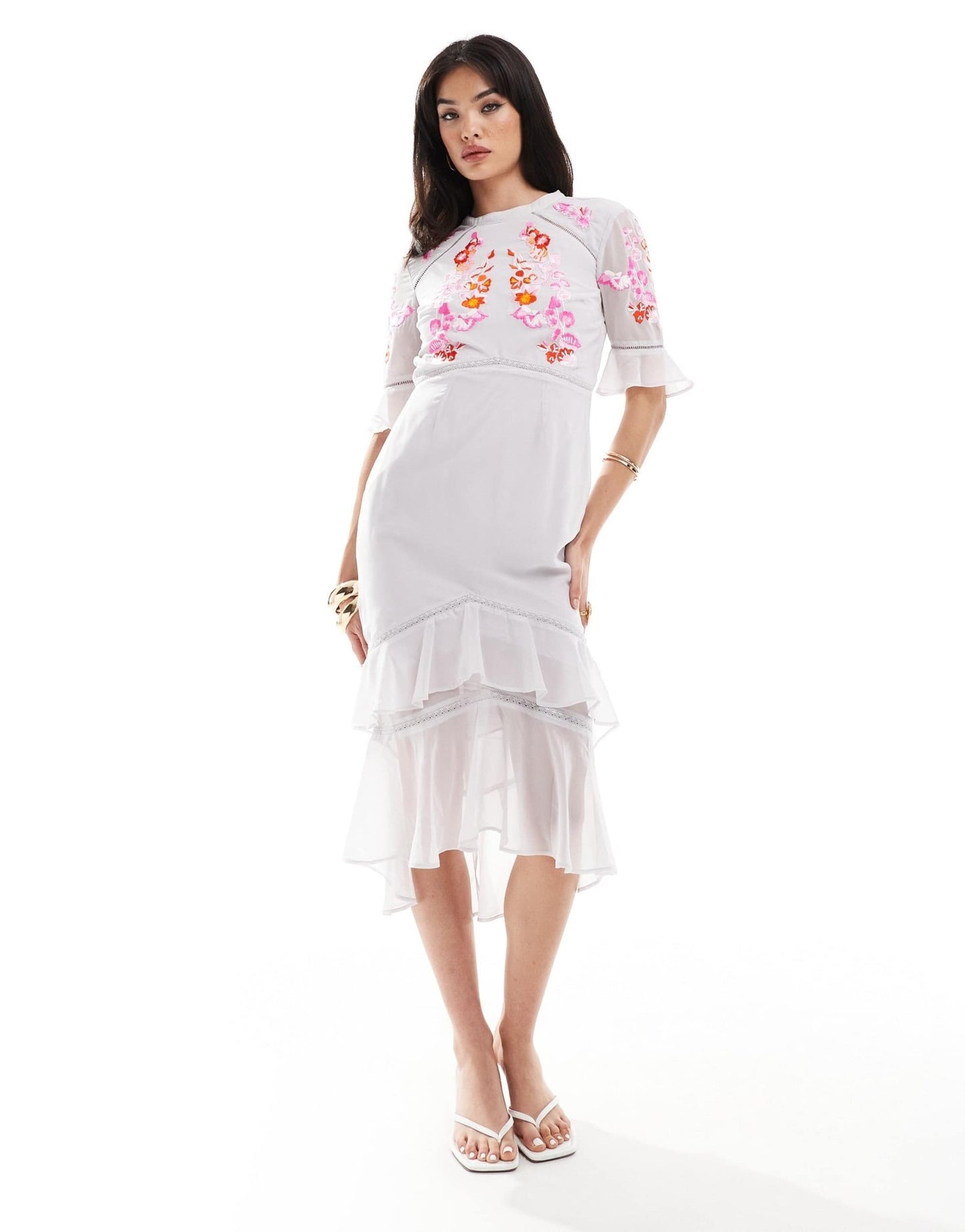 Hope & Ivy tiered midi dress with pephem in grey with red embroidery - ASOS Sample Sale EU Store