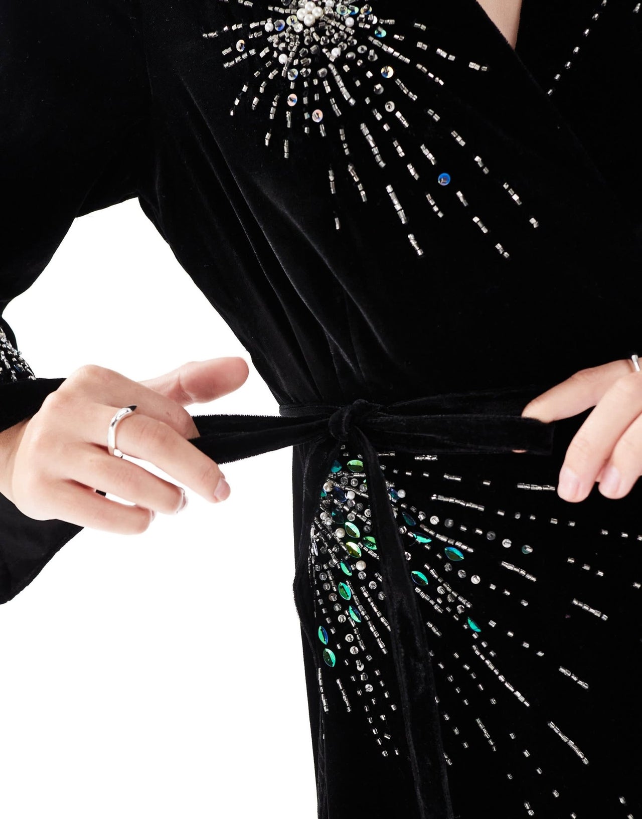 Hope & Ivy velvet wrap mini dress with fireworks embellishment in black - ASOS Sample Sale EU Store