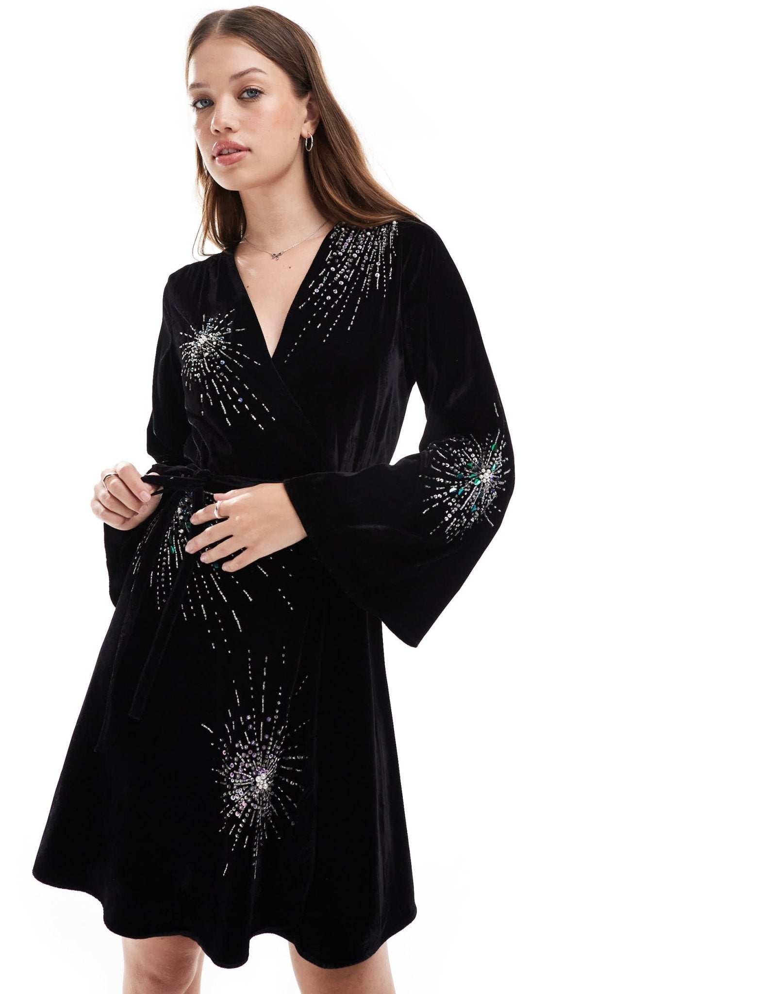 Hope & Ivy velvet wrap mini dress with fireworks embellishment in black - ASOS Sample Sale EU Store