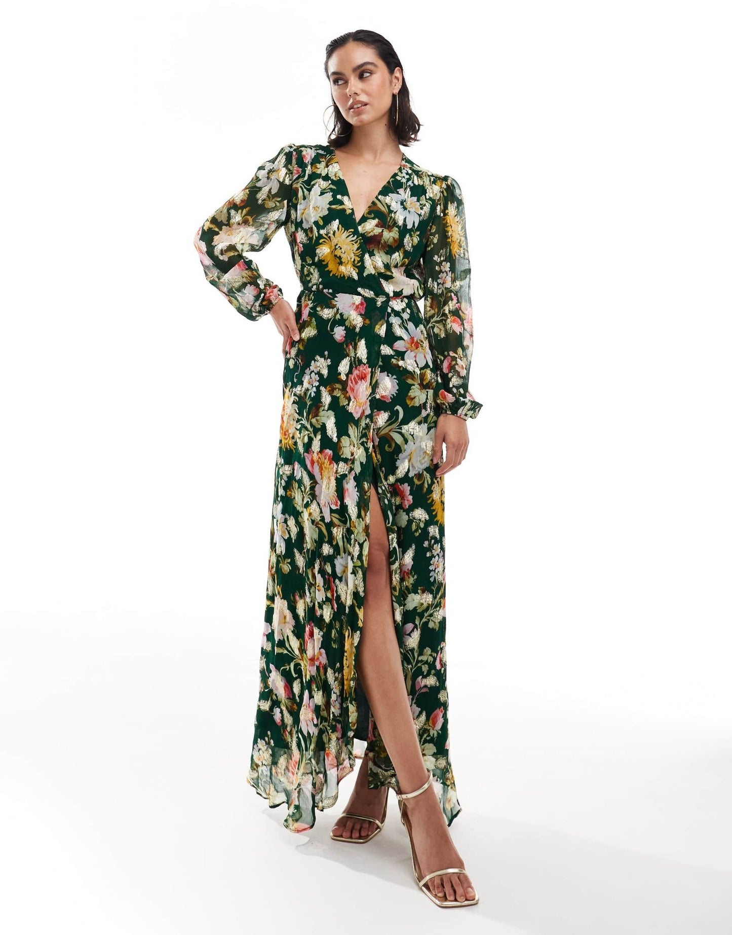 Hope & Ivy wrap front maxi dress in dark green floral with gold speck - ASOS Sample Sale EU Store