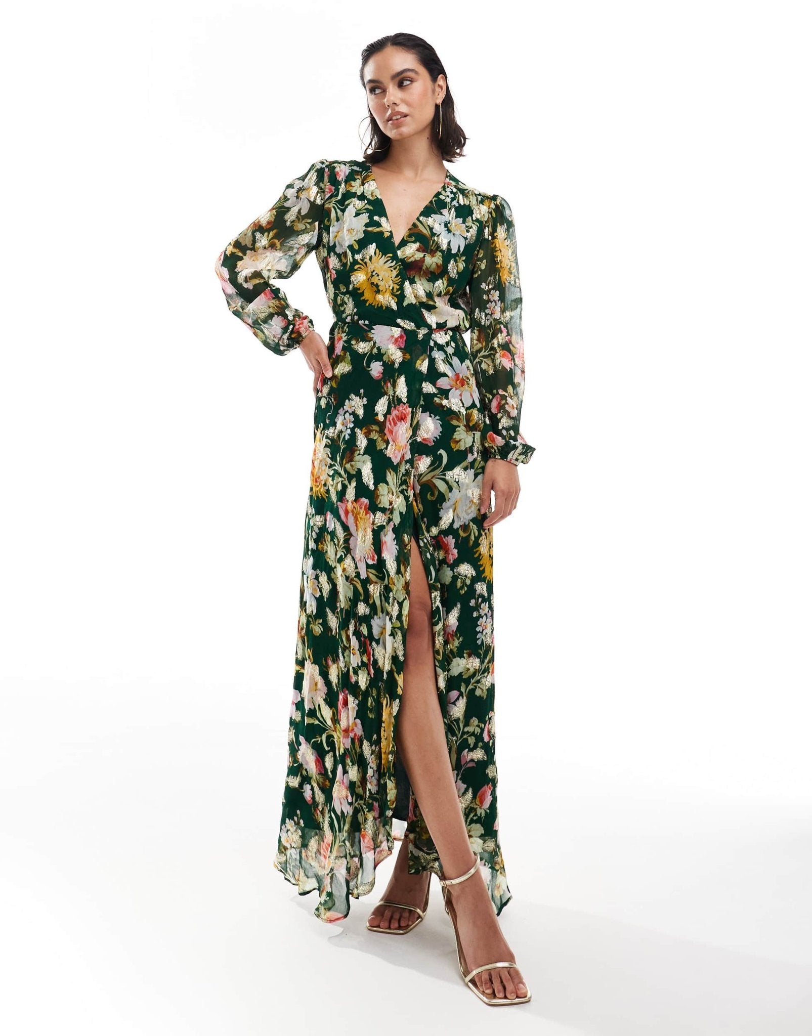 Hope & Ivy wrap front maxi dress in dark green floral with gold speck - ASOS Sample Sale EU Store