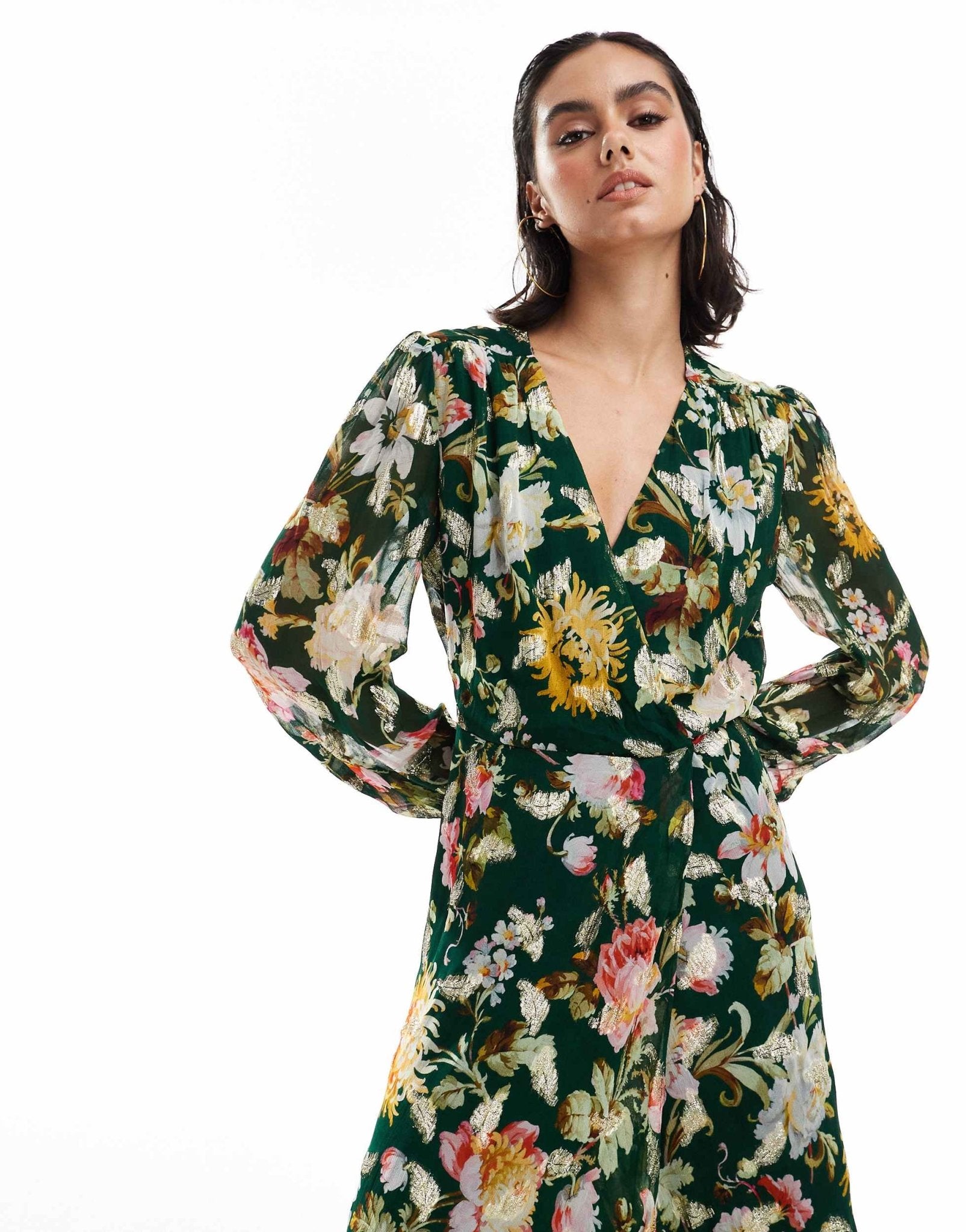 Hope & Ivy wrap front maxi dress in dark green floral with gold speck - ASOS Sample Sale EU Store