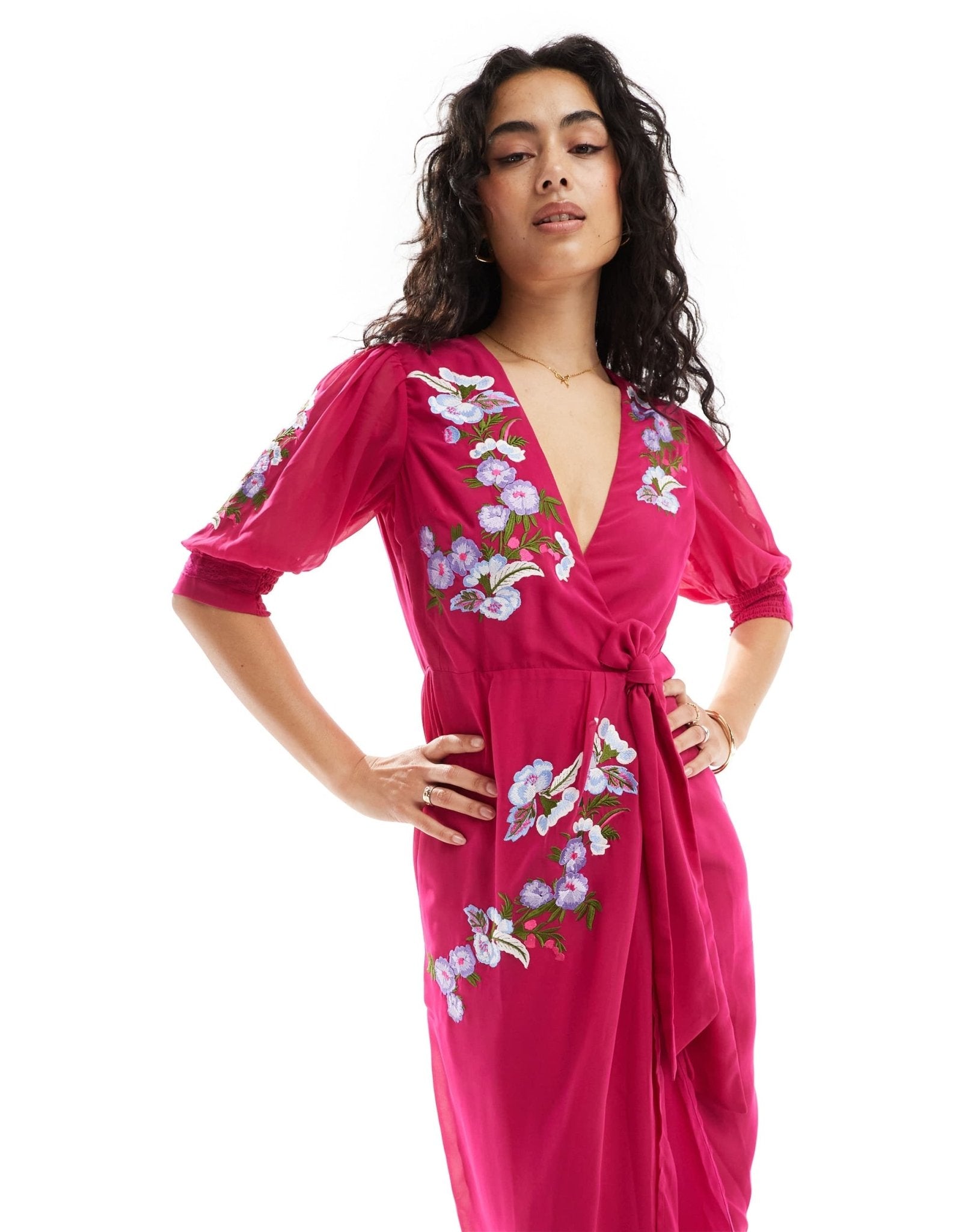 Hope & Ivy wrap maxi dress in cherry red with multi embroidery - ASOS Sample Sale EU Store