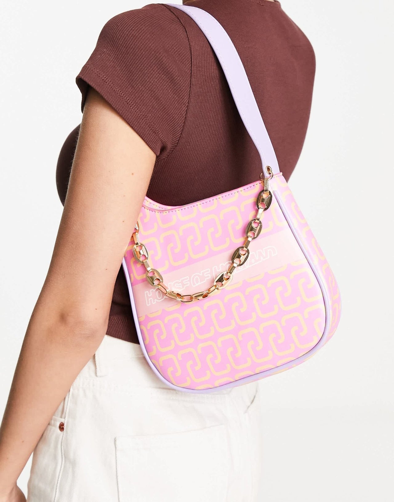 House of Holland all over logo chain detail shoulder bag in pink - ASOS Sample Sale EU Store