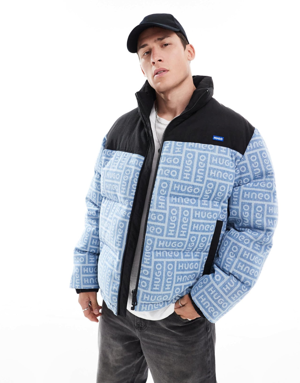 HUGO Blue byres puffer jacket in black and blue all over print - ASOS Sample Sale EU Store